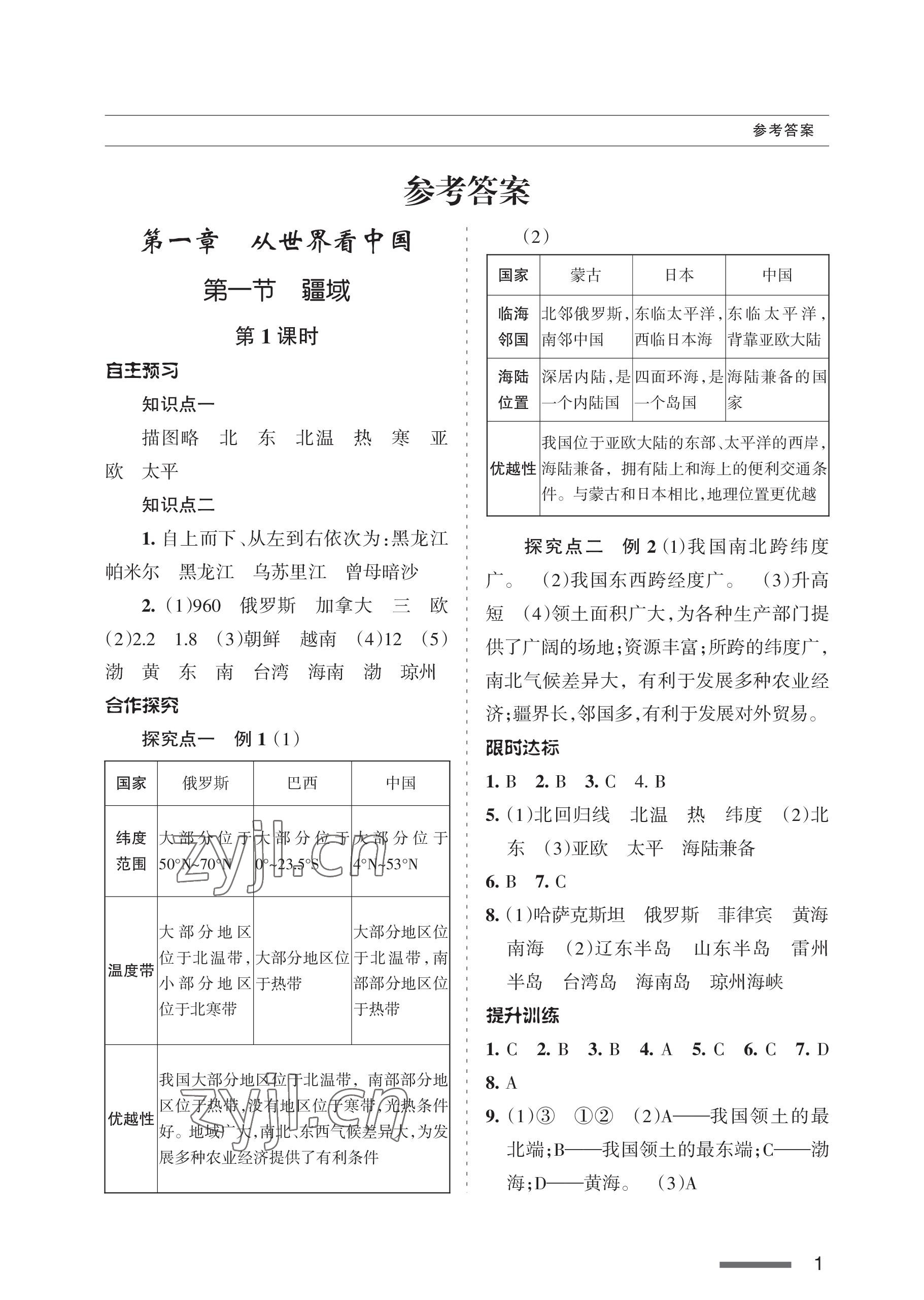 2022年配套綜合練習(xí)甘肅八年級(jí)地理上冊(cè)人教版 參考答案第1頁