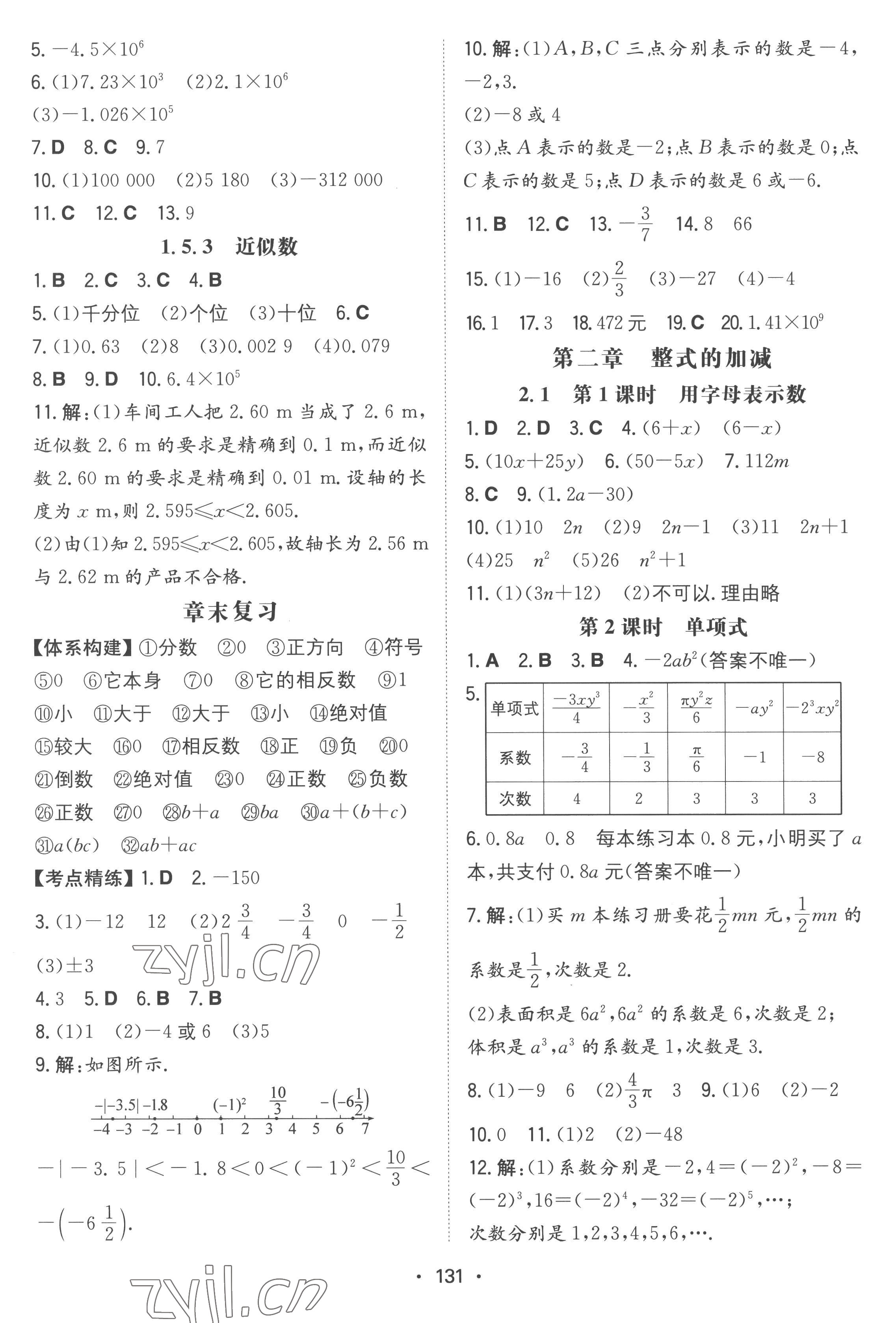 2022年一本同步訓(xùn)練七年級數(shù)學(xué)上冊人教版 參考答案第5頁