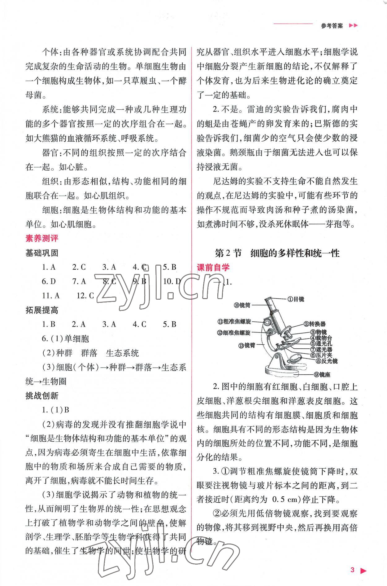 2022年普通高中新課程同步練習(xí)冊(cè)高中生物必修1人教版 參考答案第3頁(yè)