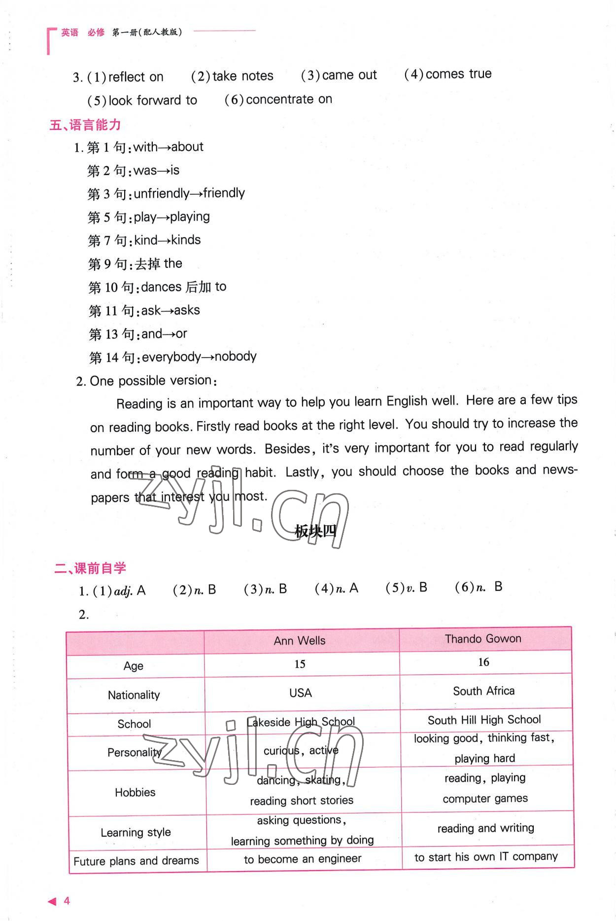 2022年普通高中新課程同步練習(xí)冊高中英語必修第一冊人教版 參考答案第4頁