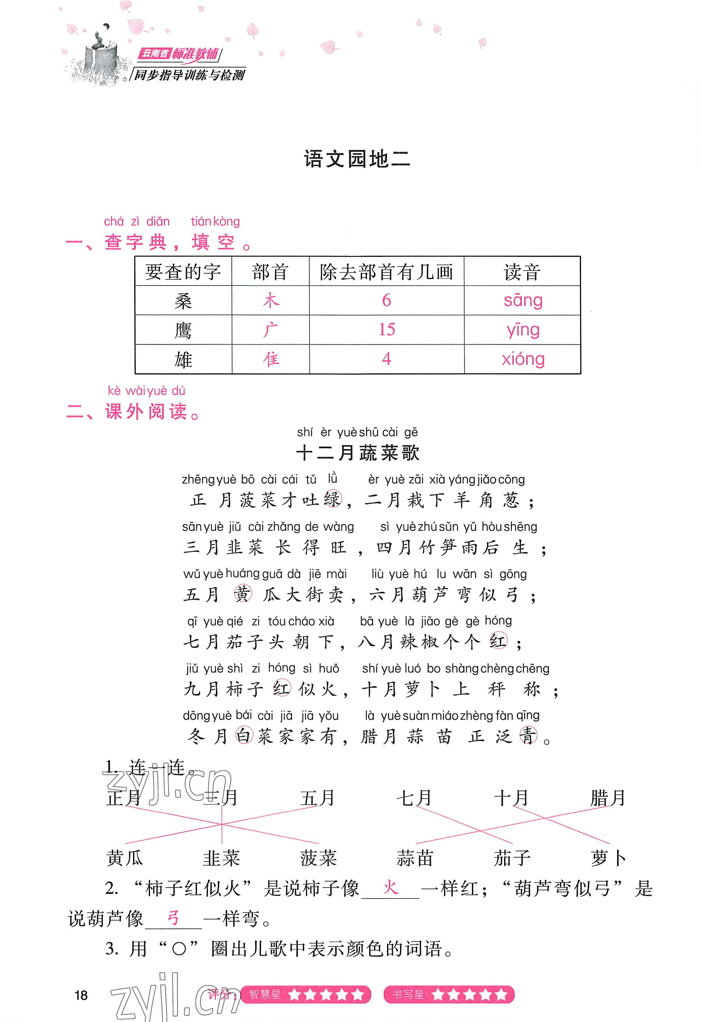2022年云南省标准教辅同步指导训练与检测二年级语文上册人教版 参考答案第17页