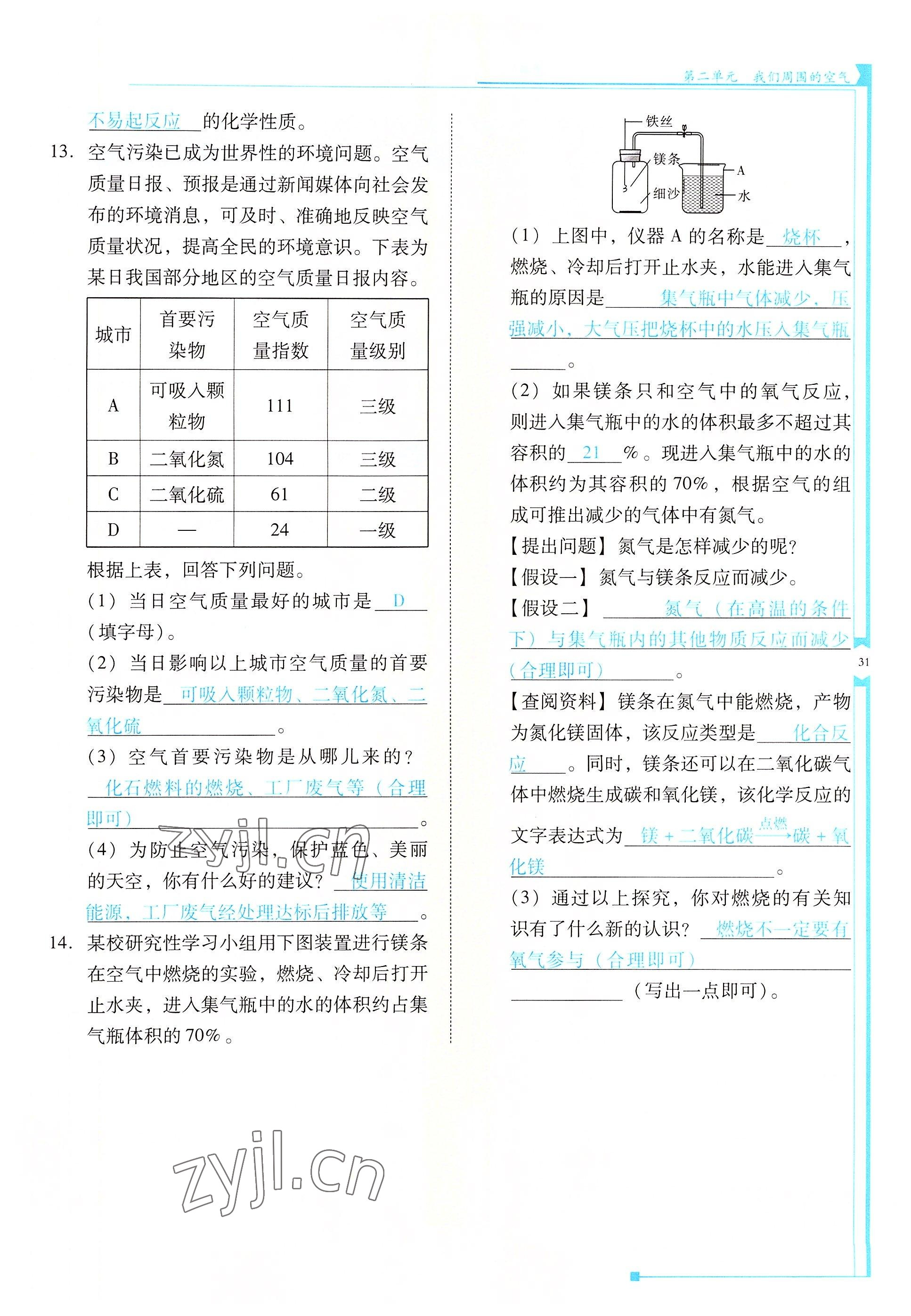 2022年云南省標(biāo)準(zhǔn)教輔優(yōu)佳學(xué)案九年級(jí)化學(xué)上冊(cè)人教版 參考答案第31頁(yè)