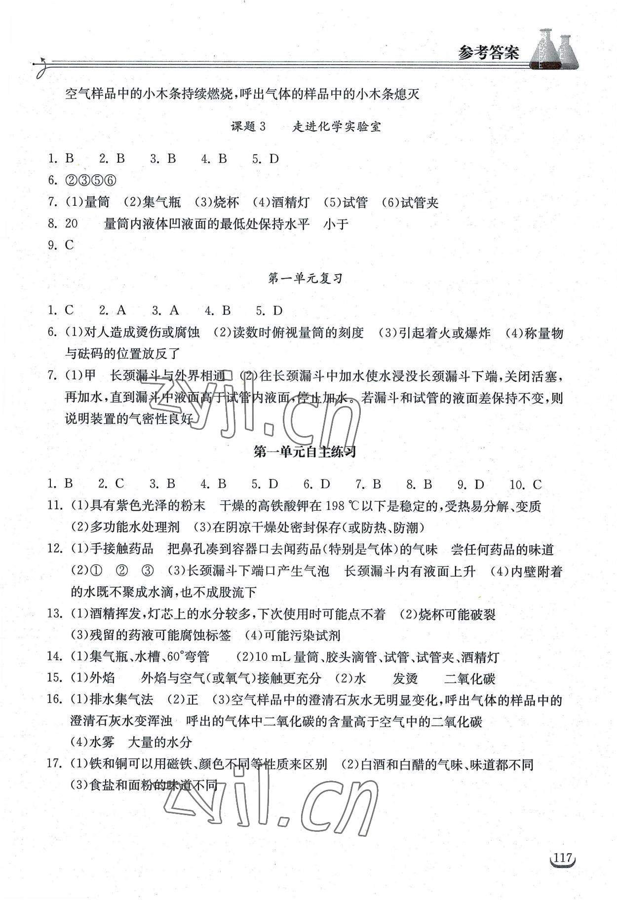 2022年长江作业本同步练习册九年级化学上册人教版 参考答案第2页