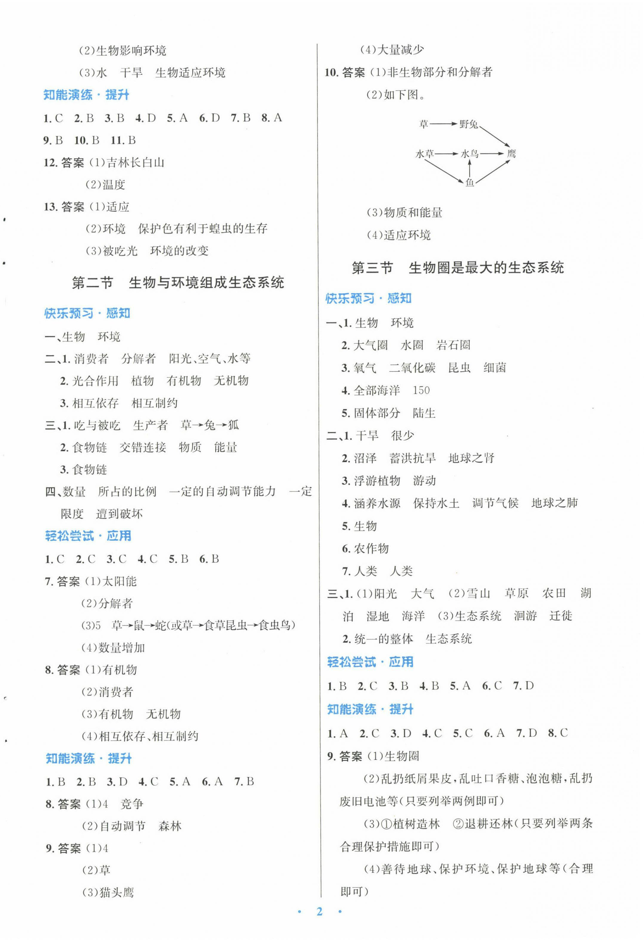 2022年初中同步测控优化设计七年级生物上册人教版 参考答案第2页