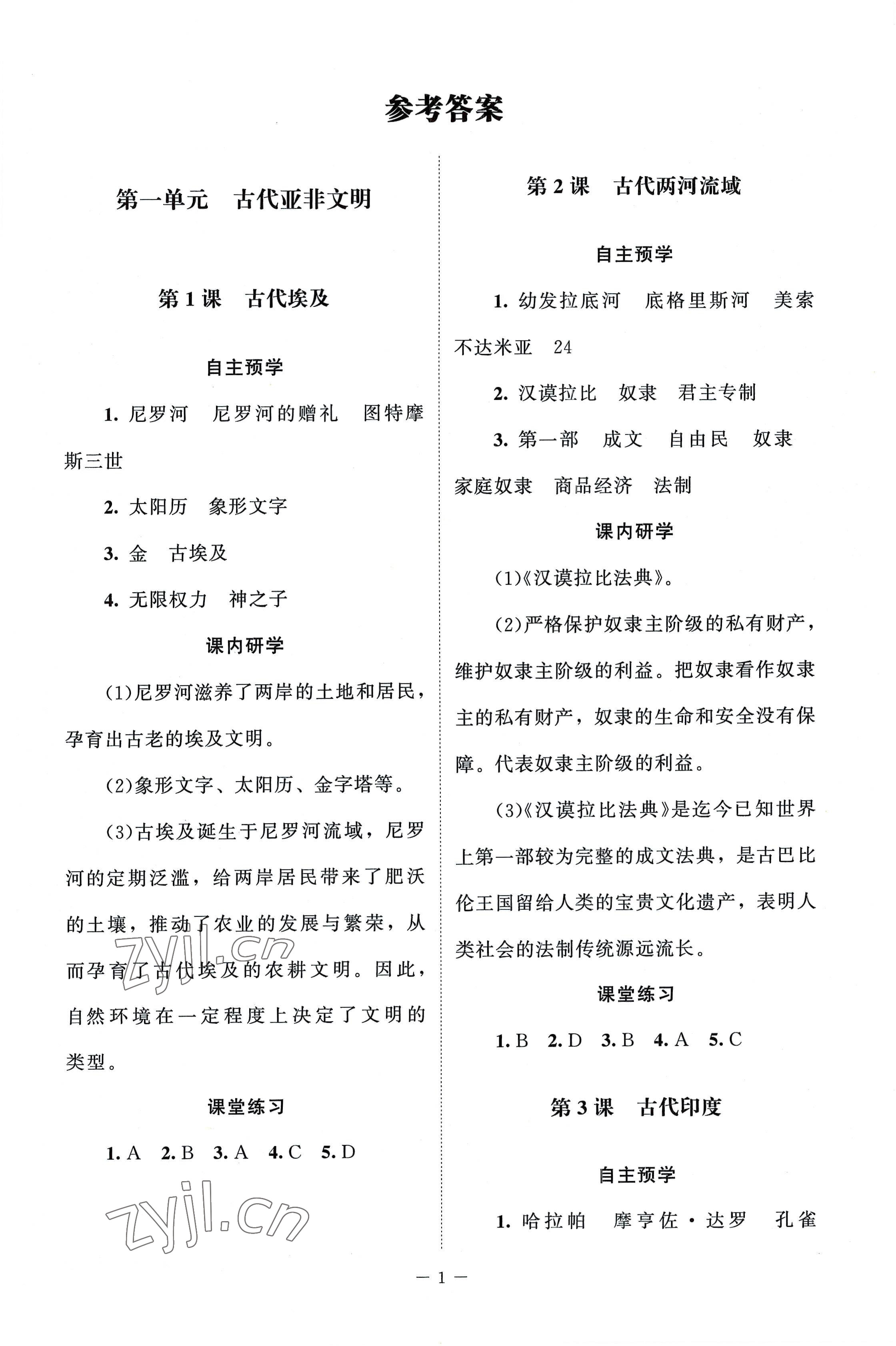 2022年课堂精练九年级历史上册人教版江苏专版 第1页