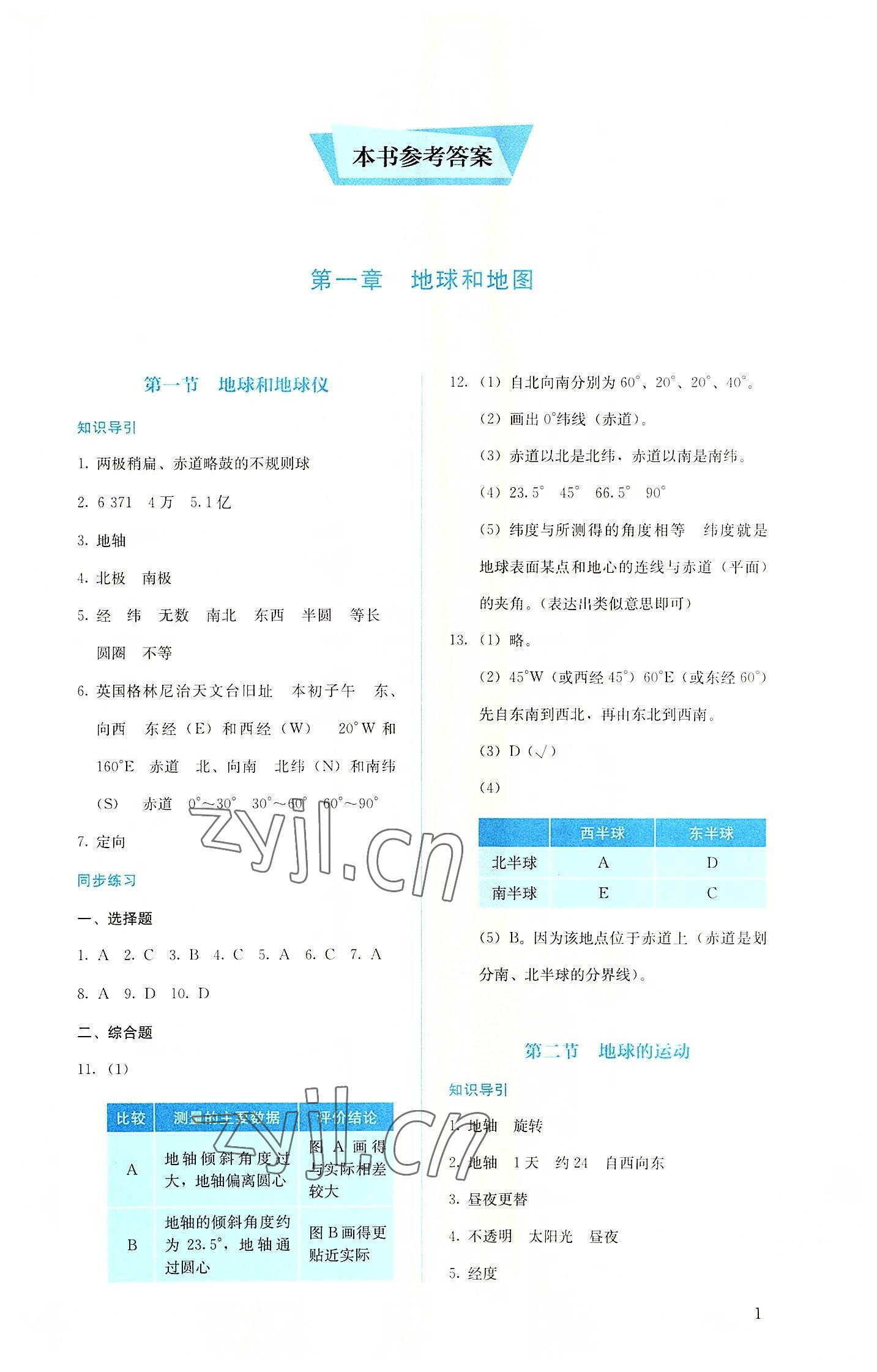 2022年人教金学典同步解析与测评七年级地理上册人教版 参考答案第1页