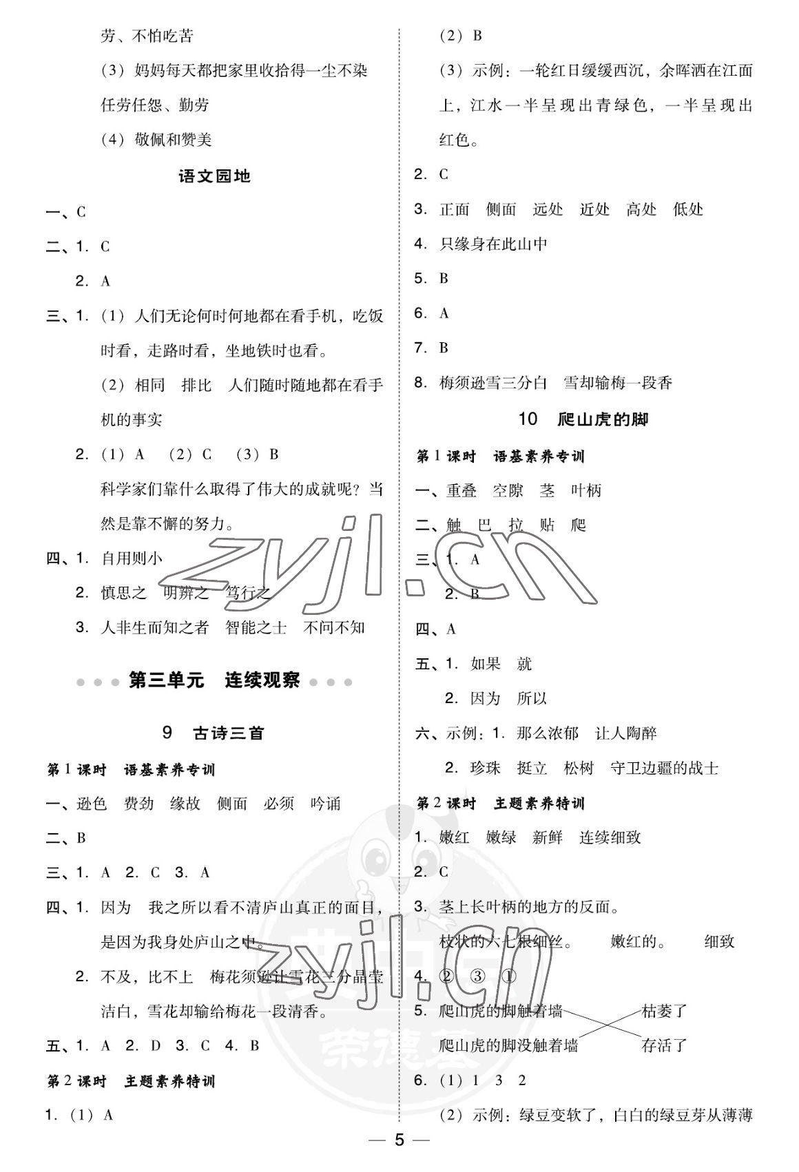 2022年綜合應(yīng)用創(chuàng)新題典中點(diǎn)四年級語文上冊人教版福建專版 參考答案第5頁