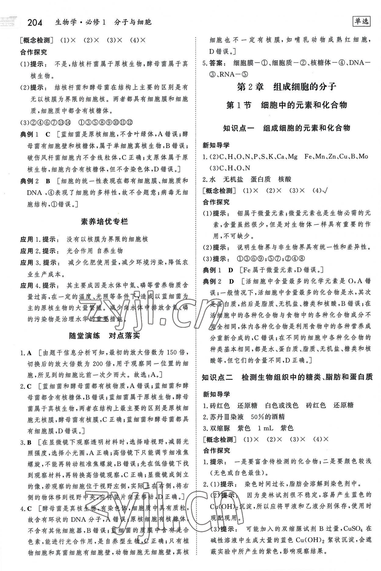 2022年金版新学案高中生物必修1人教版 参考答案第3页