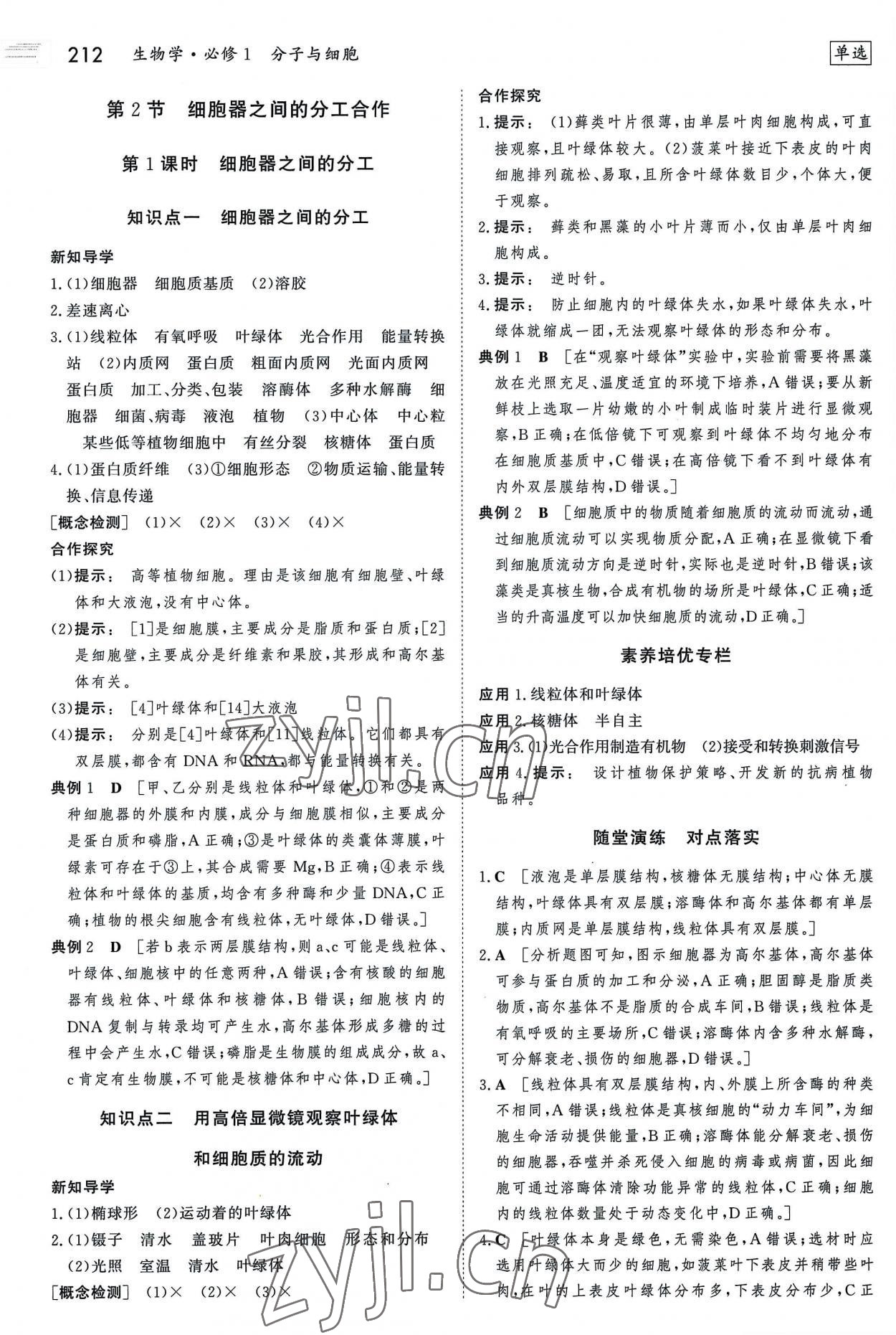 2022年金版新学案高中生物必修1人教版 参考答案第11页