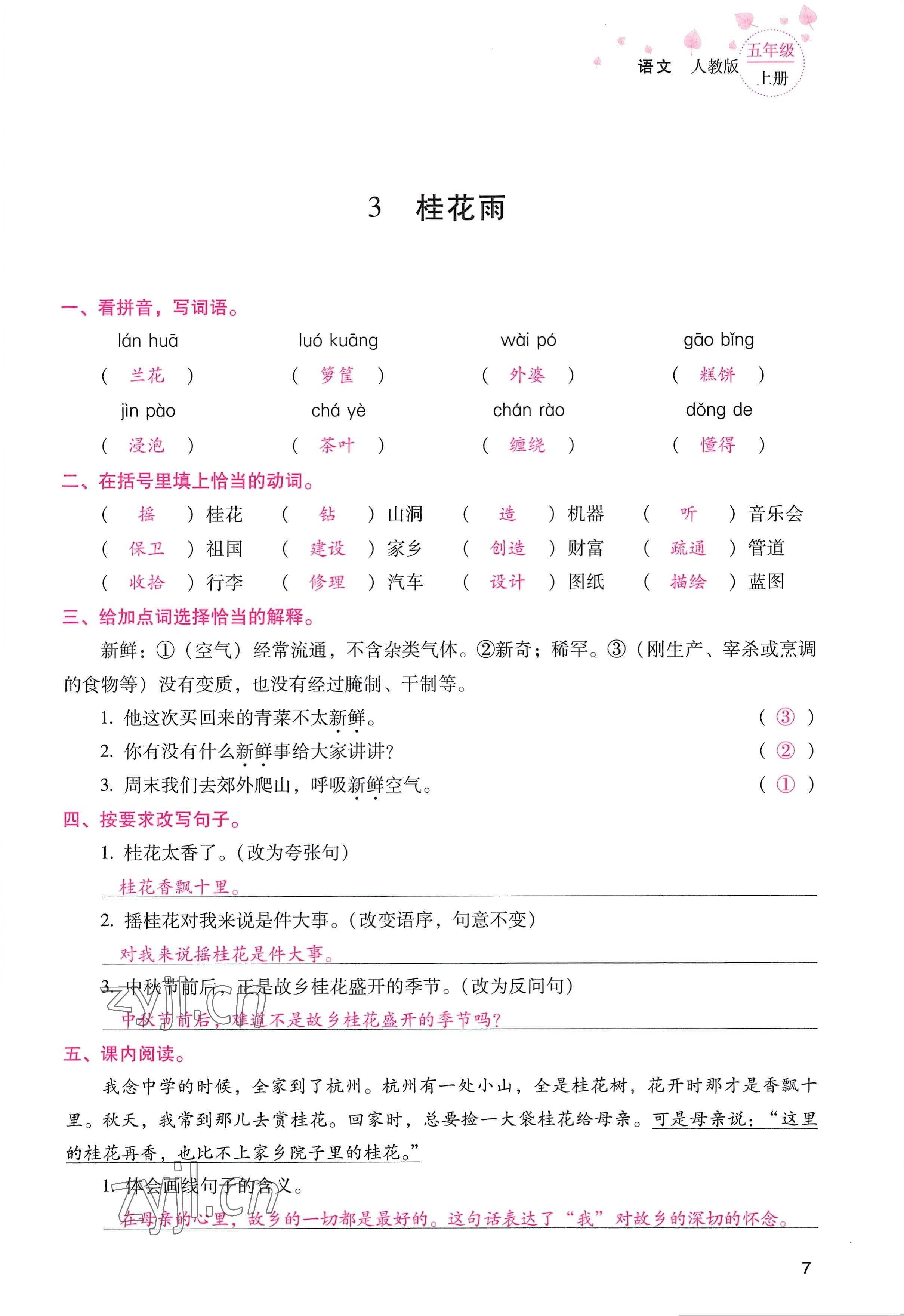 2022年云南省标准教辅同步指导训练与检测五年级语文上册人教版 参考答案第6页