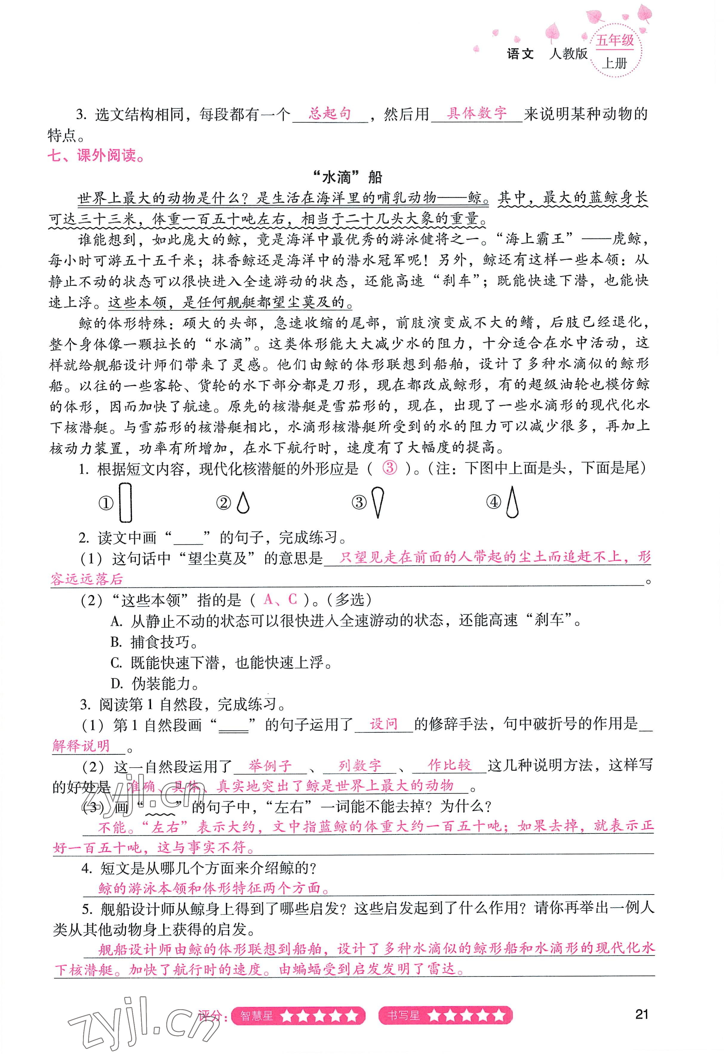 2022年云南省标准教辅同步指导训练与检测五年级语文上册人教版 参考答案第20页