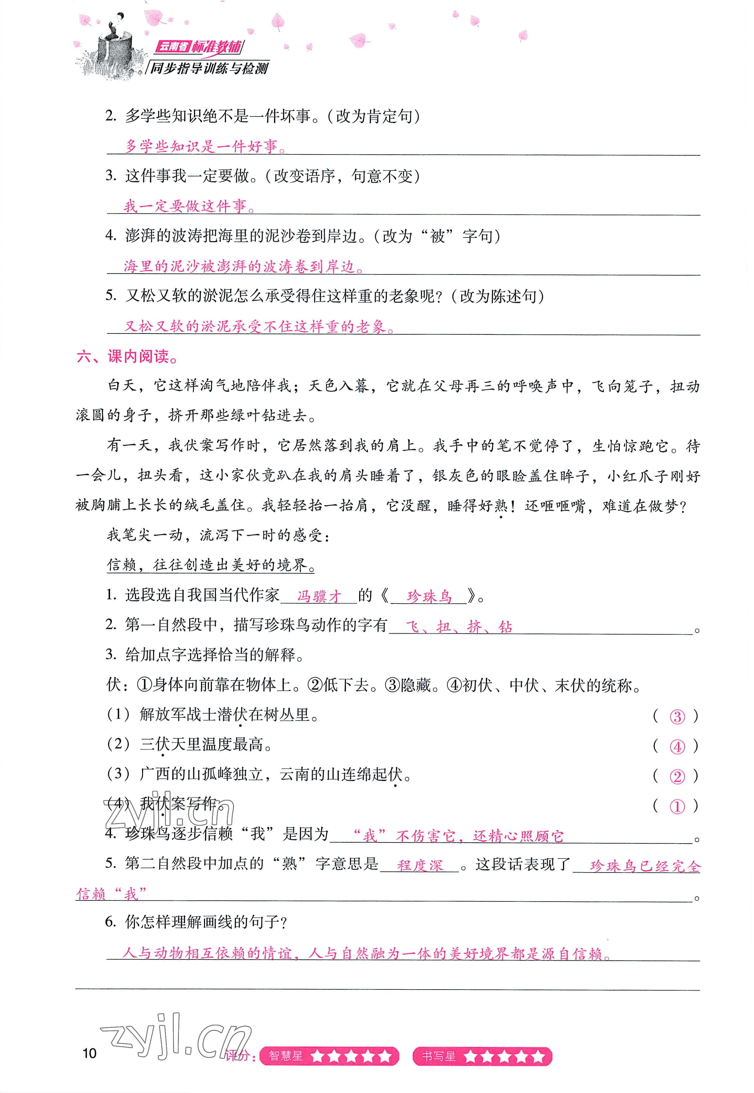 2022年云南省标准教辅同步指导训练与检测五年级语文上册人教版 参考答案第9页