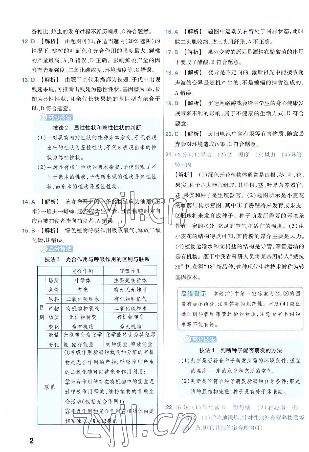 2023年金考卷45套匯編生物河南專版 參考答案第2頁