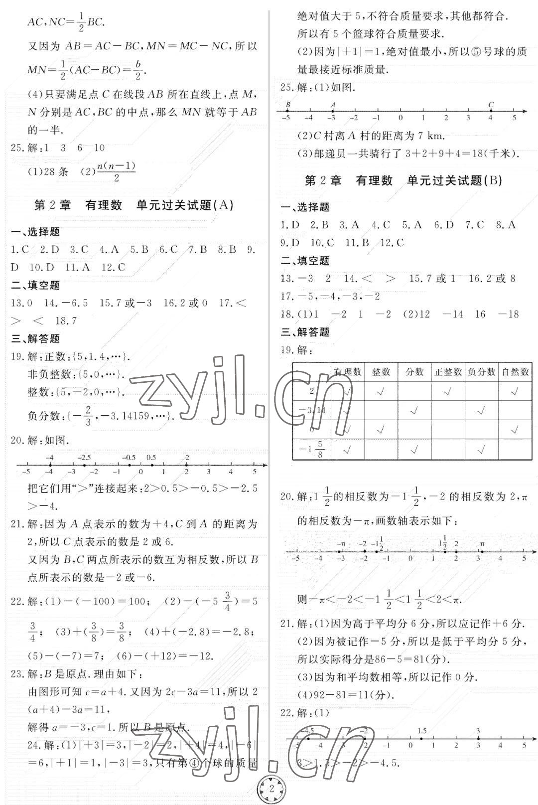 2022年同步练习册分层检测卷七年级数学上册青岛版 参考答案第2页