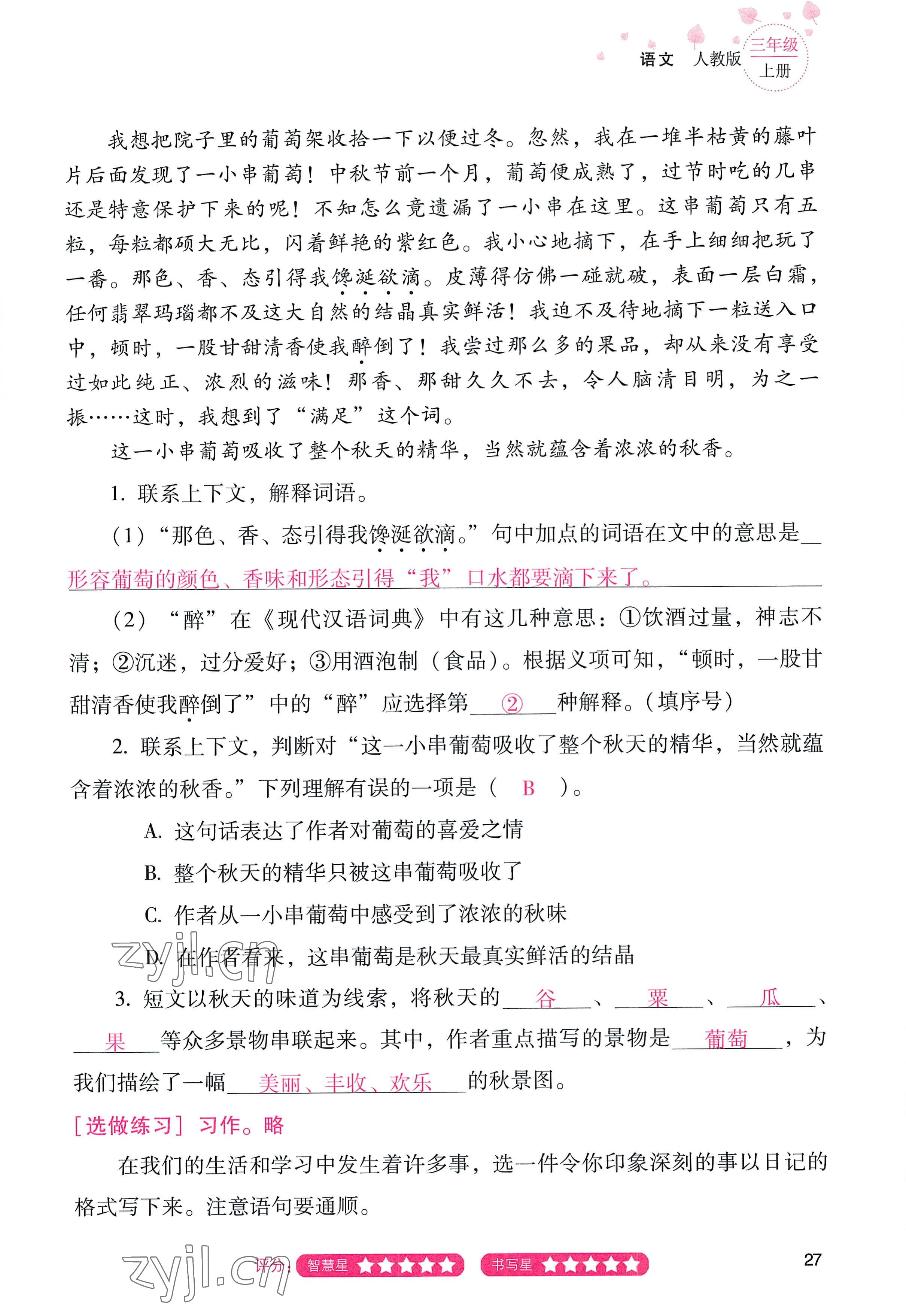 2022年云南省标准教辅同步指导训练与检测三年级语文上册人教版 参考答案第26页
