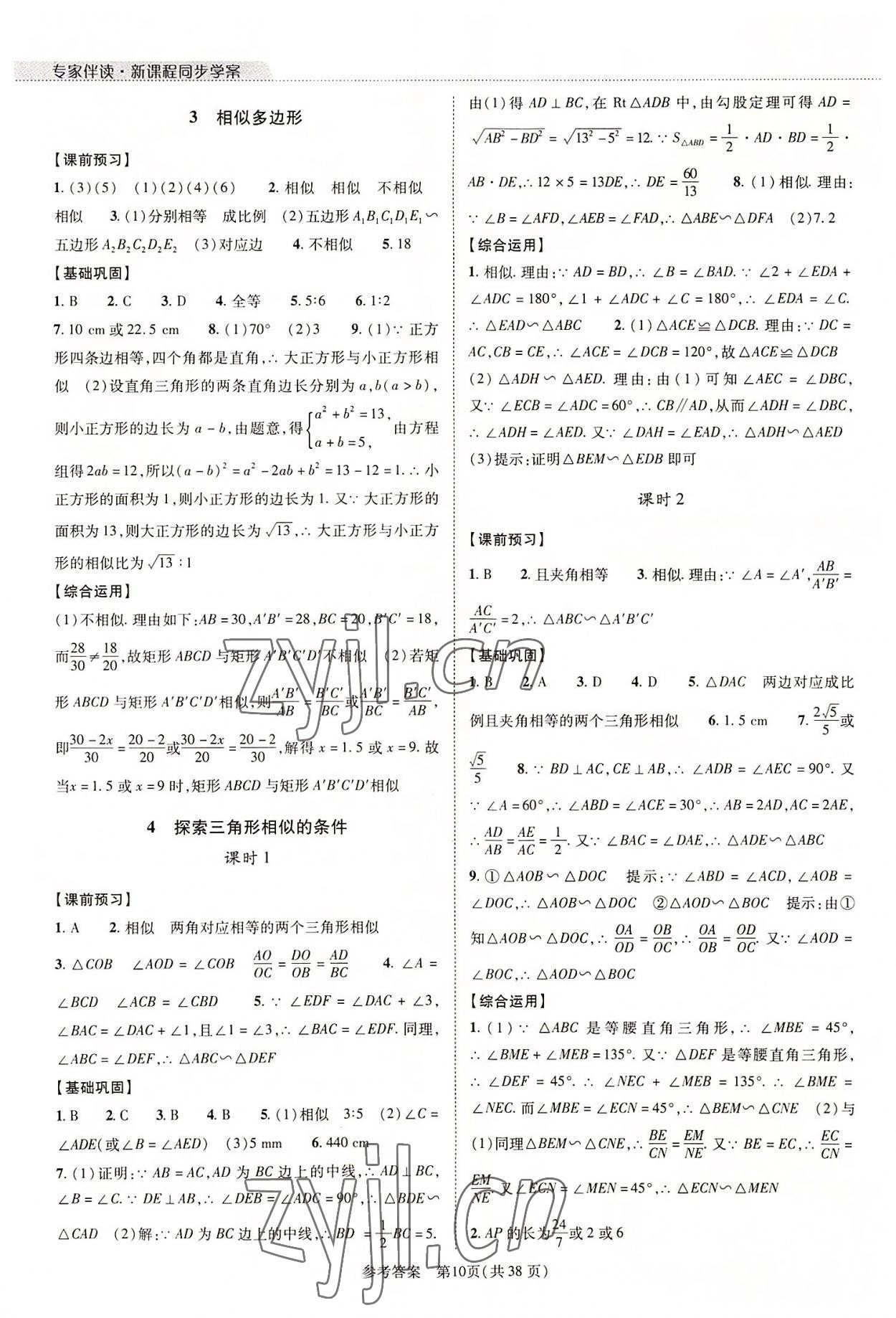 2022年新课程同步学案九年级数学全一册北师大版 参考答案第10页