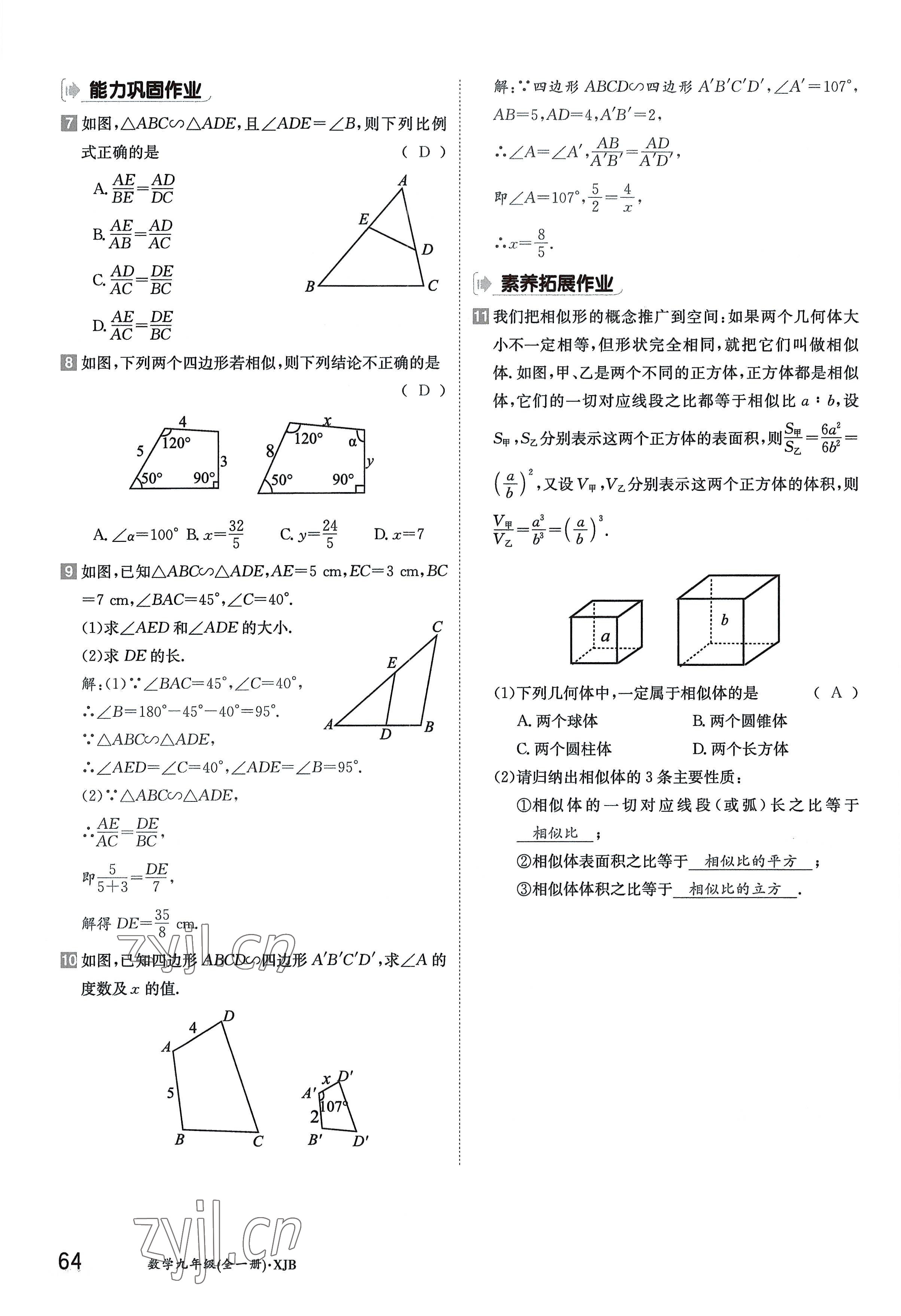 2022年金太陽導(dǎo)學(xué)案九年級(jí)數(shù)學(xué)全一冊(cè)湘教版 參考答案第64頁