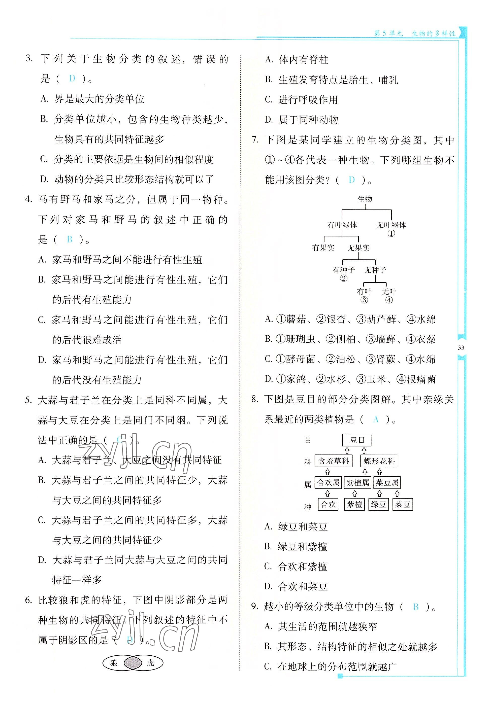 2022年云南省标准教辅优佳学案八年级生物全一册苏教版 参考答案第33页