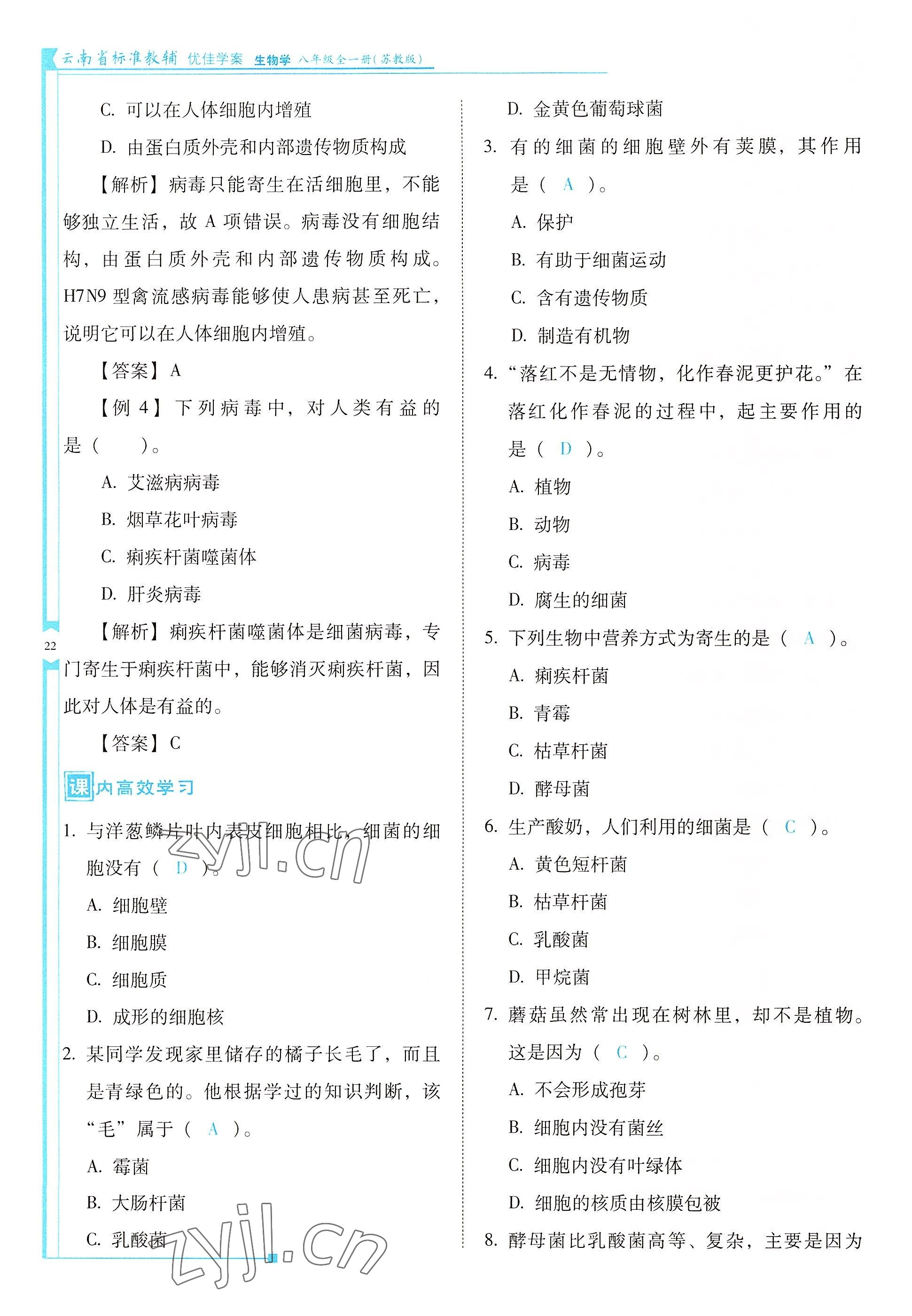 2022年云南省標準教輔優(yōu)佳學案八年級生物全一冊蘇教版 參考答案第22頁