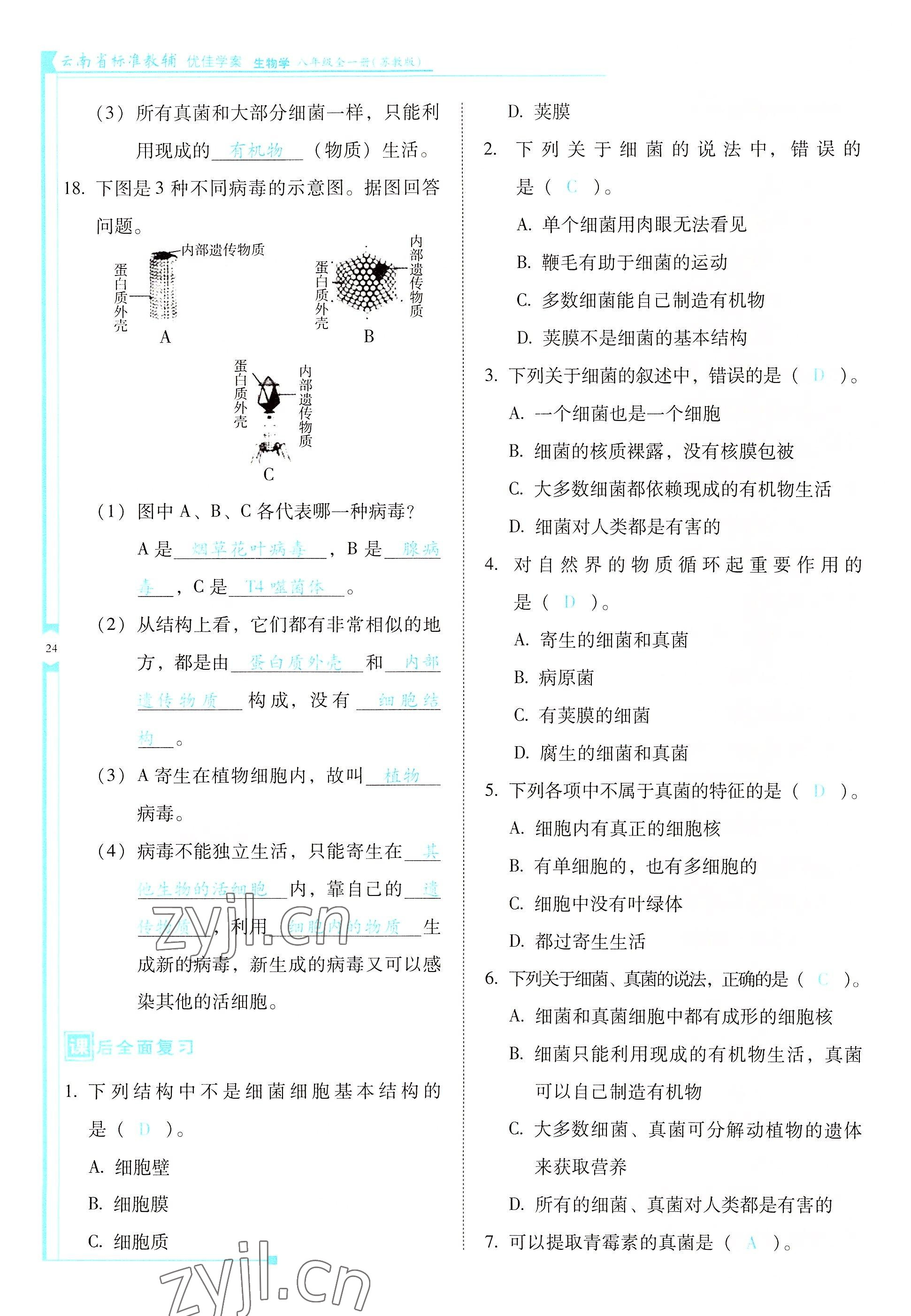 2022年云南省标准教辅优佳学案八年级生物全一册苏教版 参考答案第24页