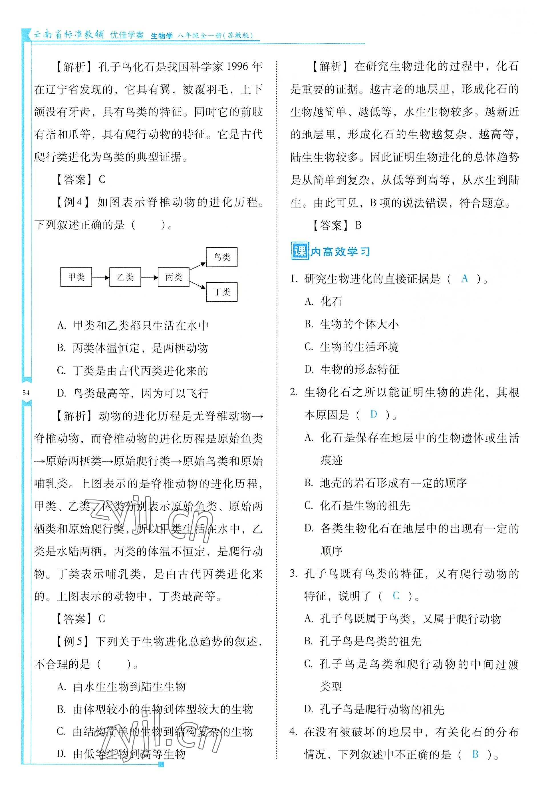 2022年云南省标准教辅优佳学案八年级生物全一册苏教版 参考答案第54页