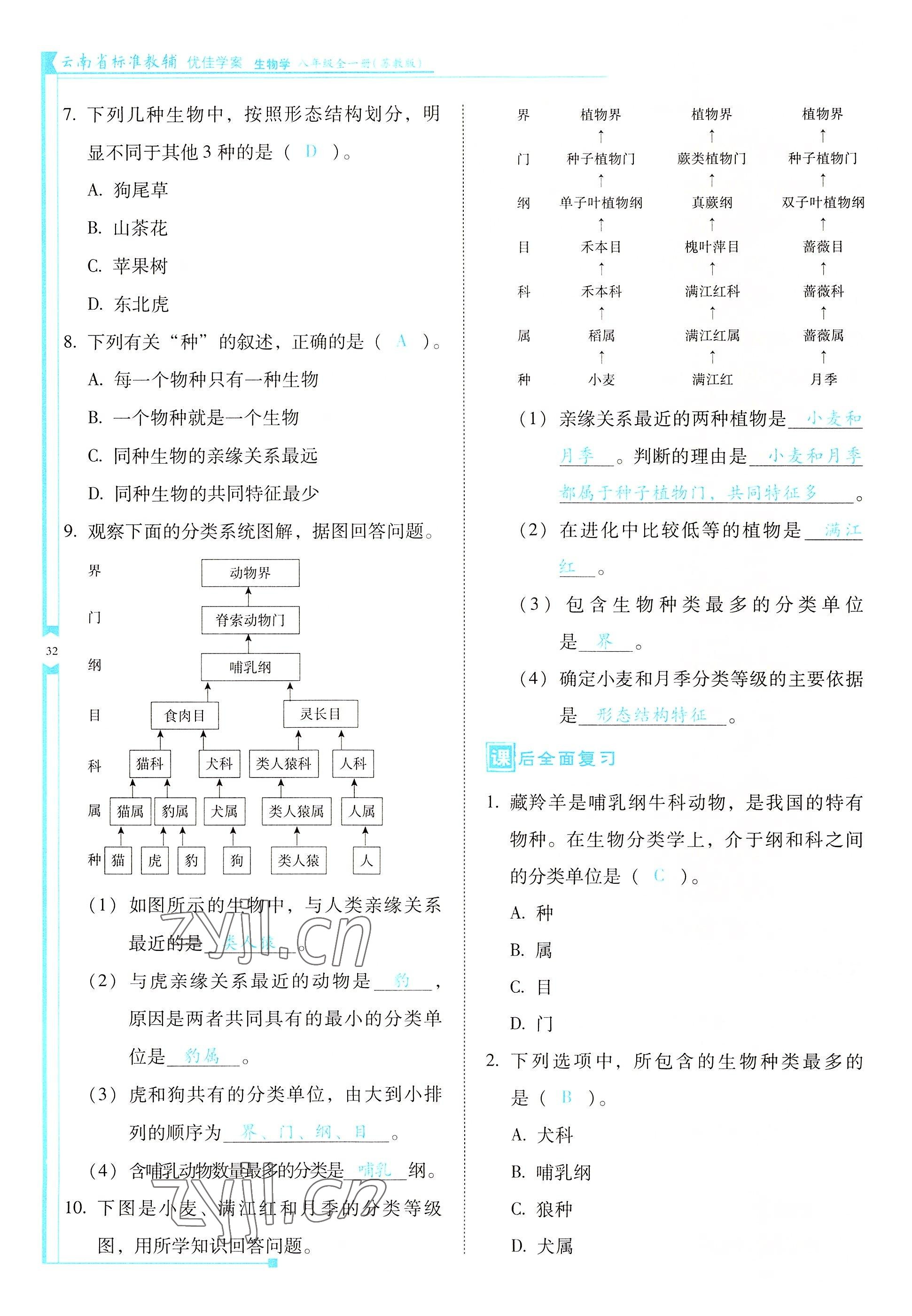 2022年云南省标准教辅优佳学案八年级生物全一册苏教版 参考答案第32页