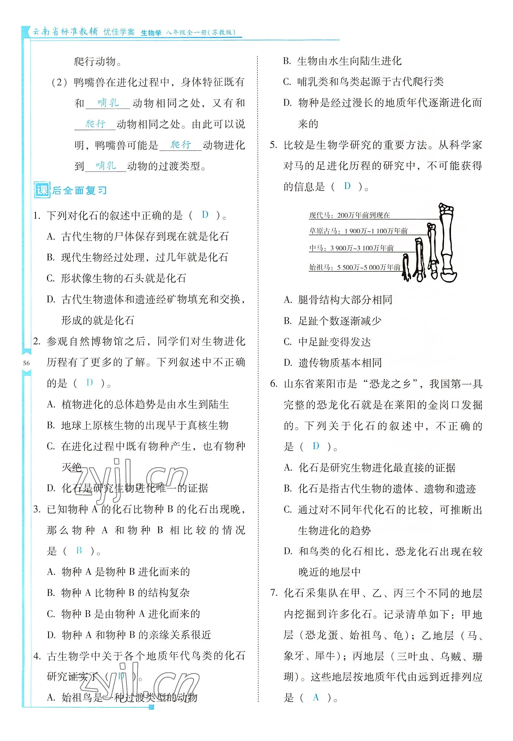 2022年云南省标准教辅优佳学案八年级生物全一册苏教版 参考答案第56页