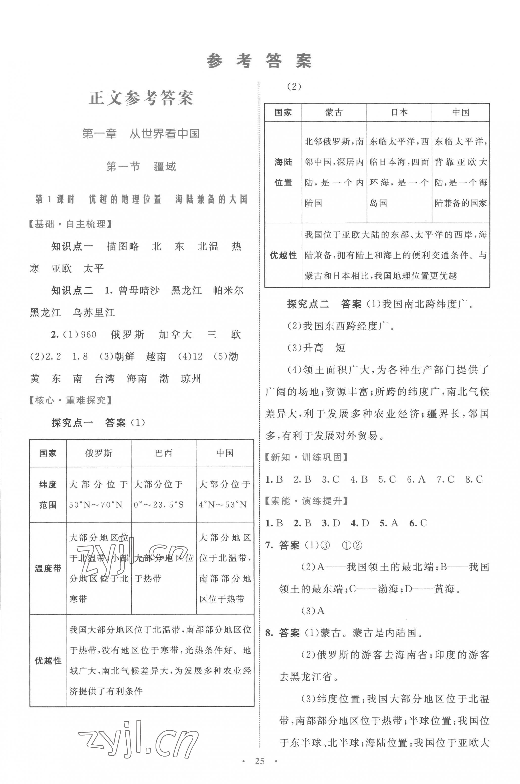 2022年同步學(xué)習(xí)目標與檢測八年級地理上冊人教版 參考答案第1頁