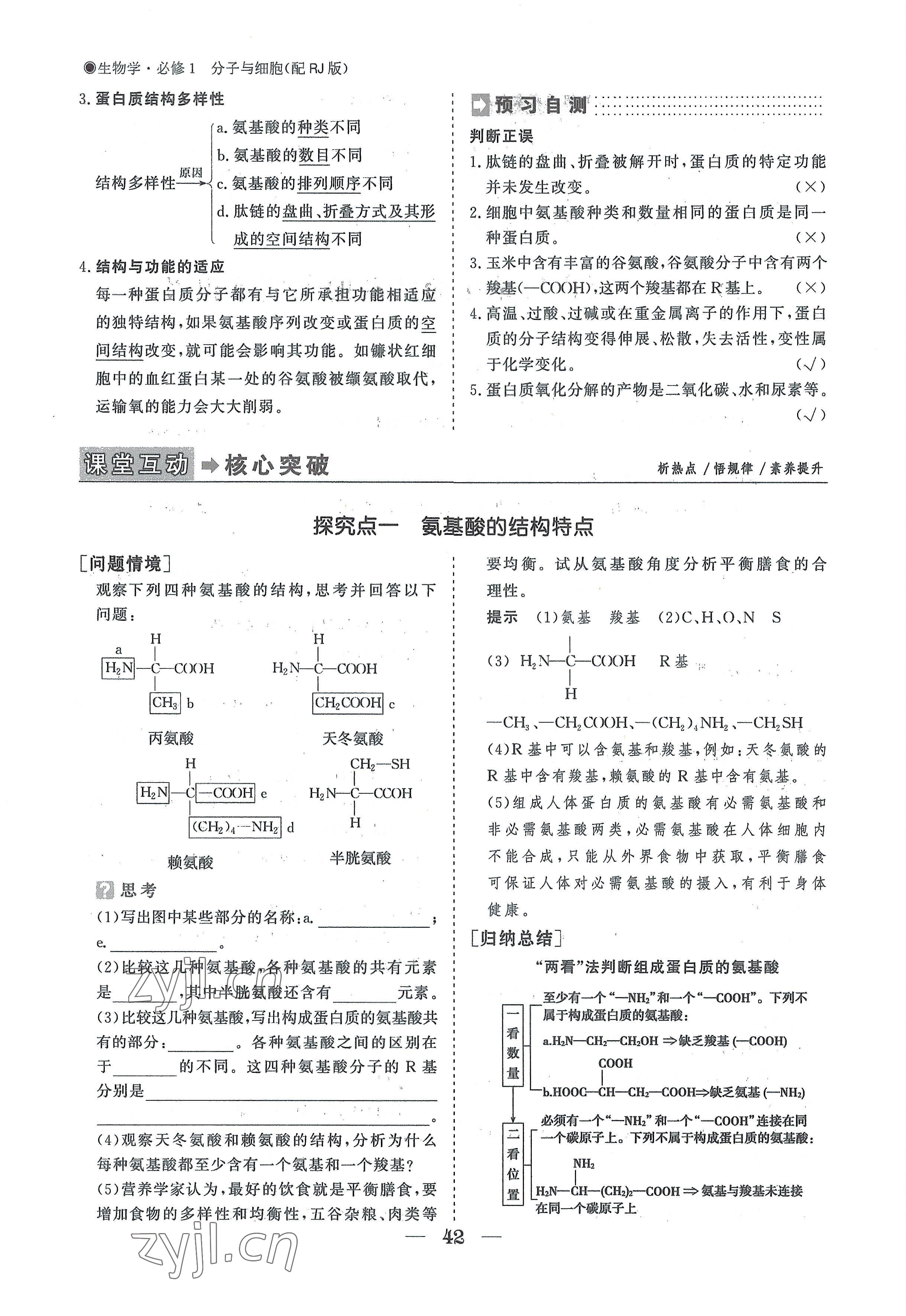 2022年高中导学测控优化设计方案高中生物必修1人教版 参考答案第42页