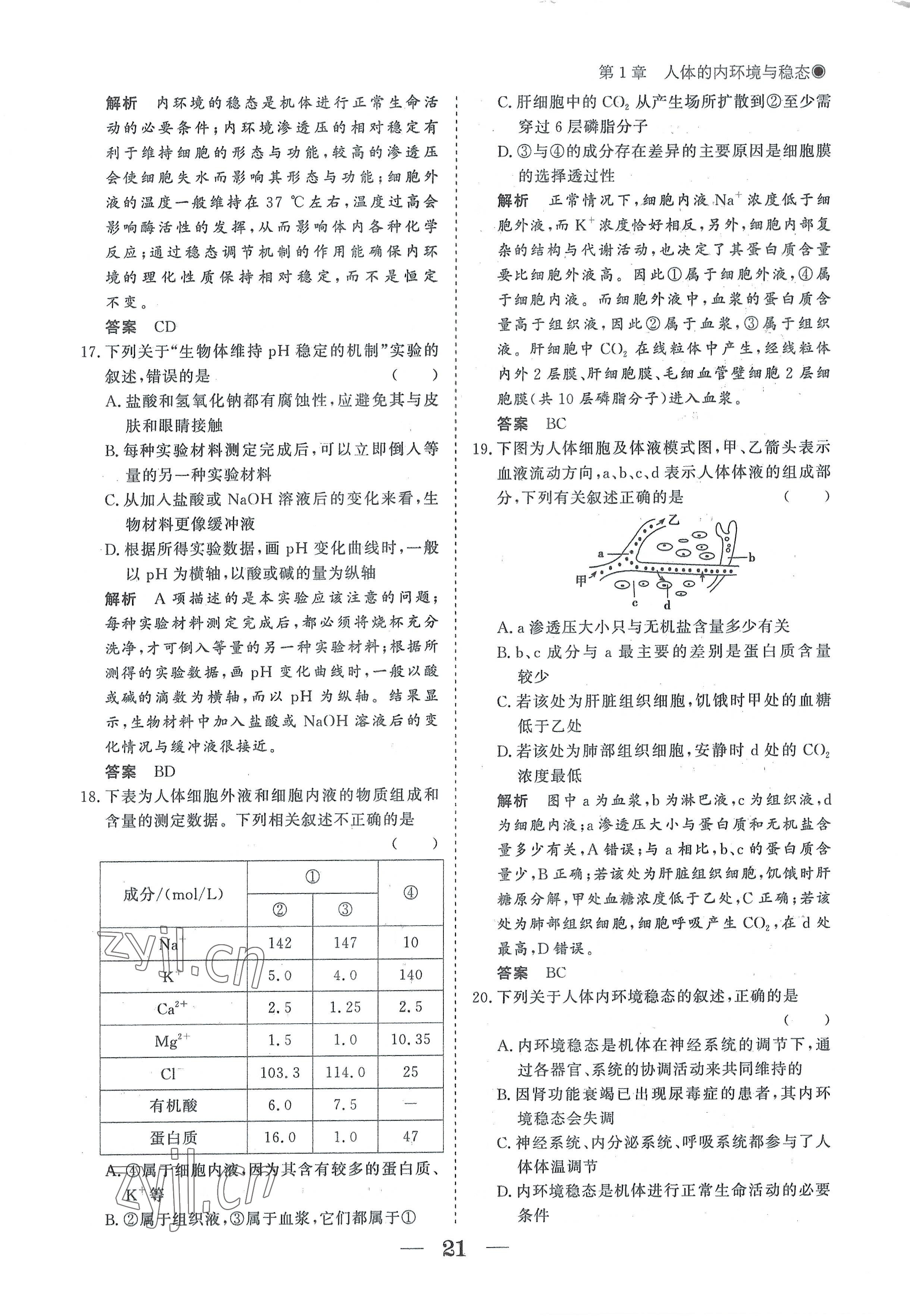 2022年高中导学测控优化设计方案生物选择性必修1人教版 参考答案第21页