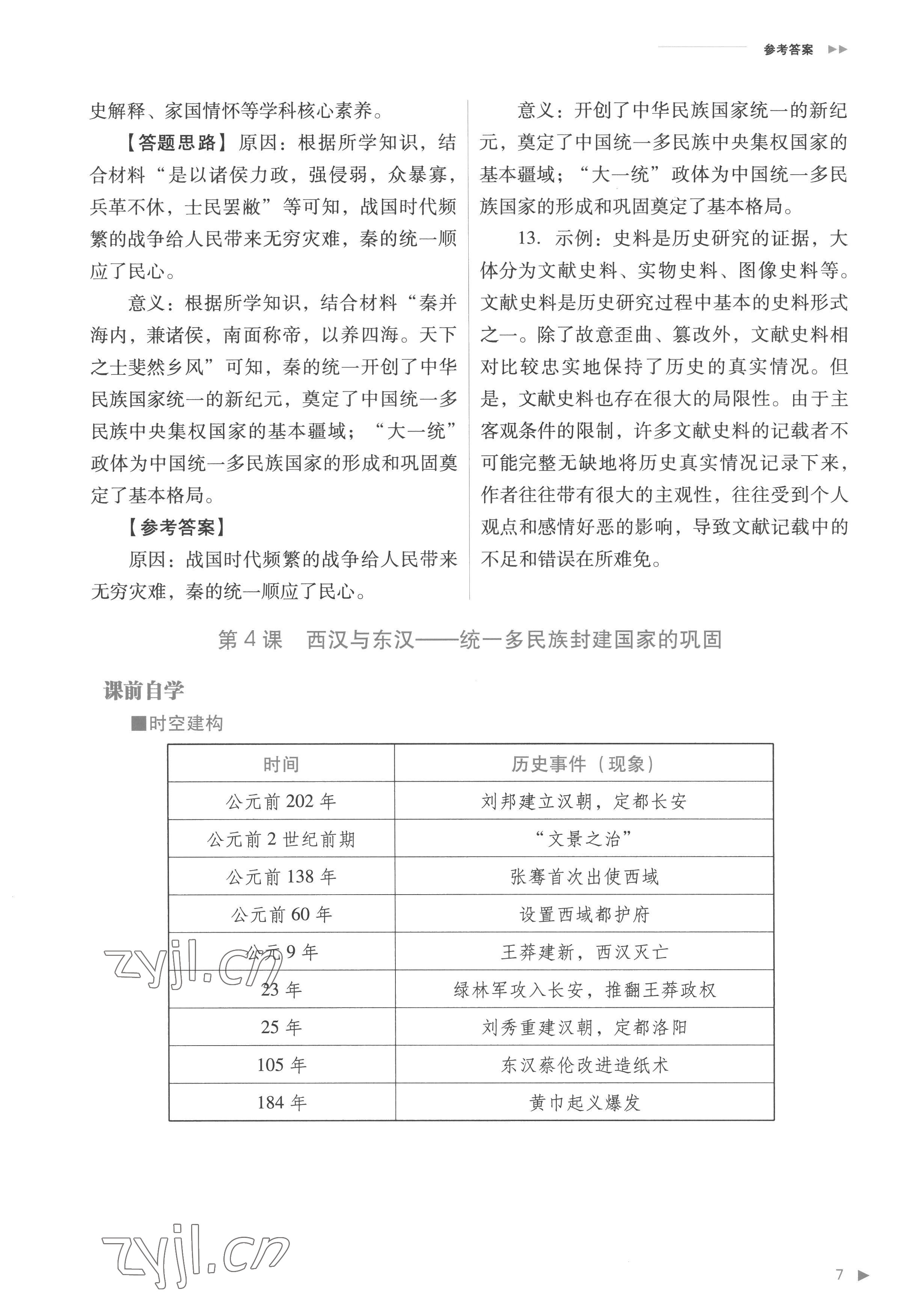 2022年普通高中新課程同步練習(xí)冊高中歷史必修上冊人教版 參考答案第7頁