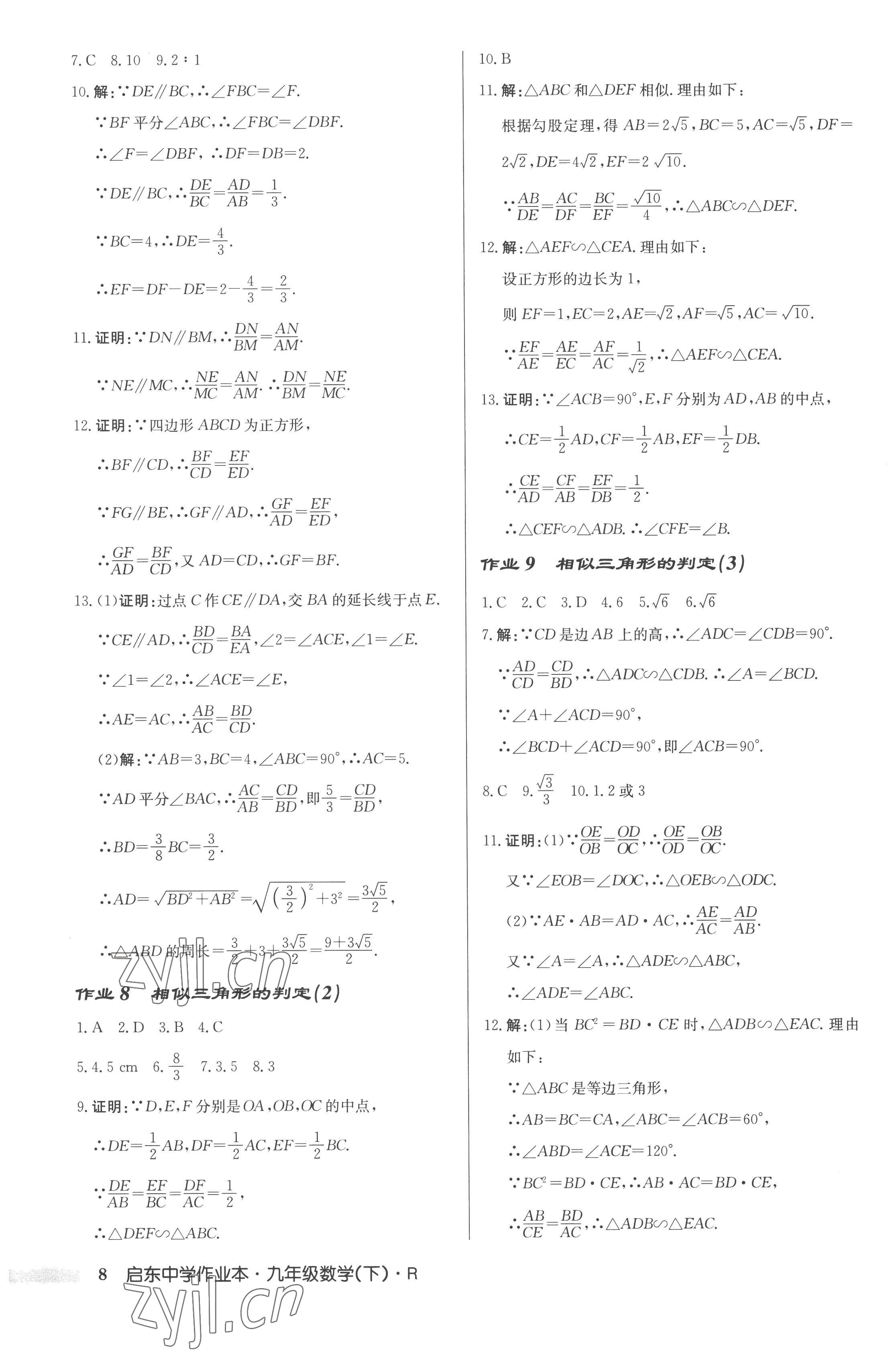 2023年啟東中學(xué)作業(yè)本九年級(jí)數(shù)學(xué)下冊(cè)人教版 第8頁(yè)