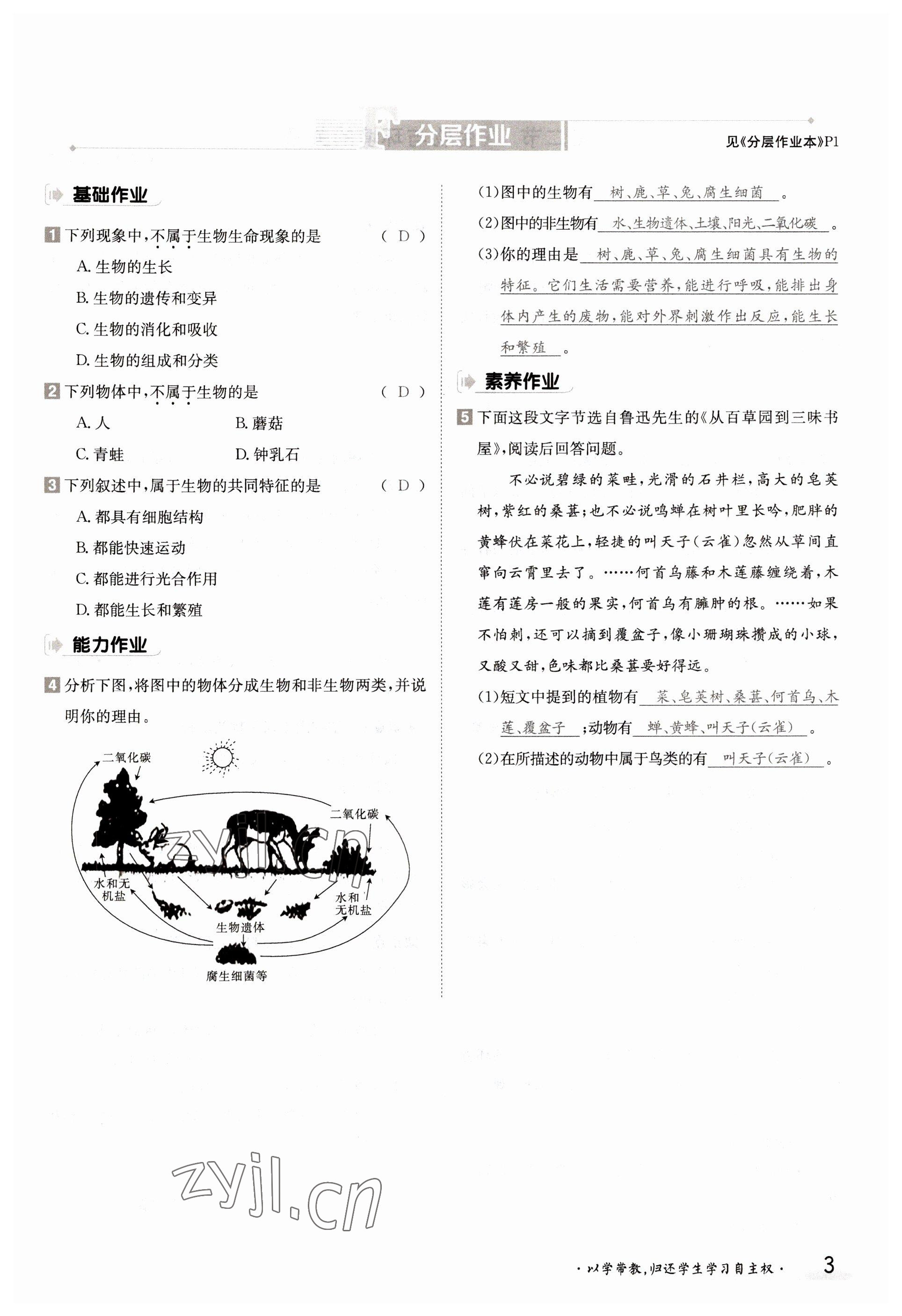 2022年金太阳导学案七年级生物上册苏教版 参考答案第3页