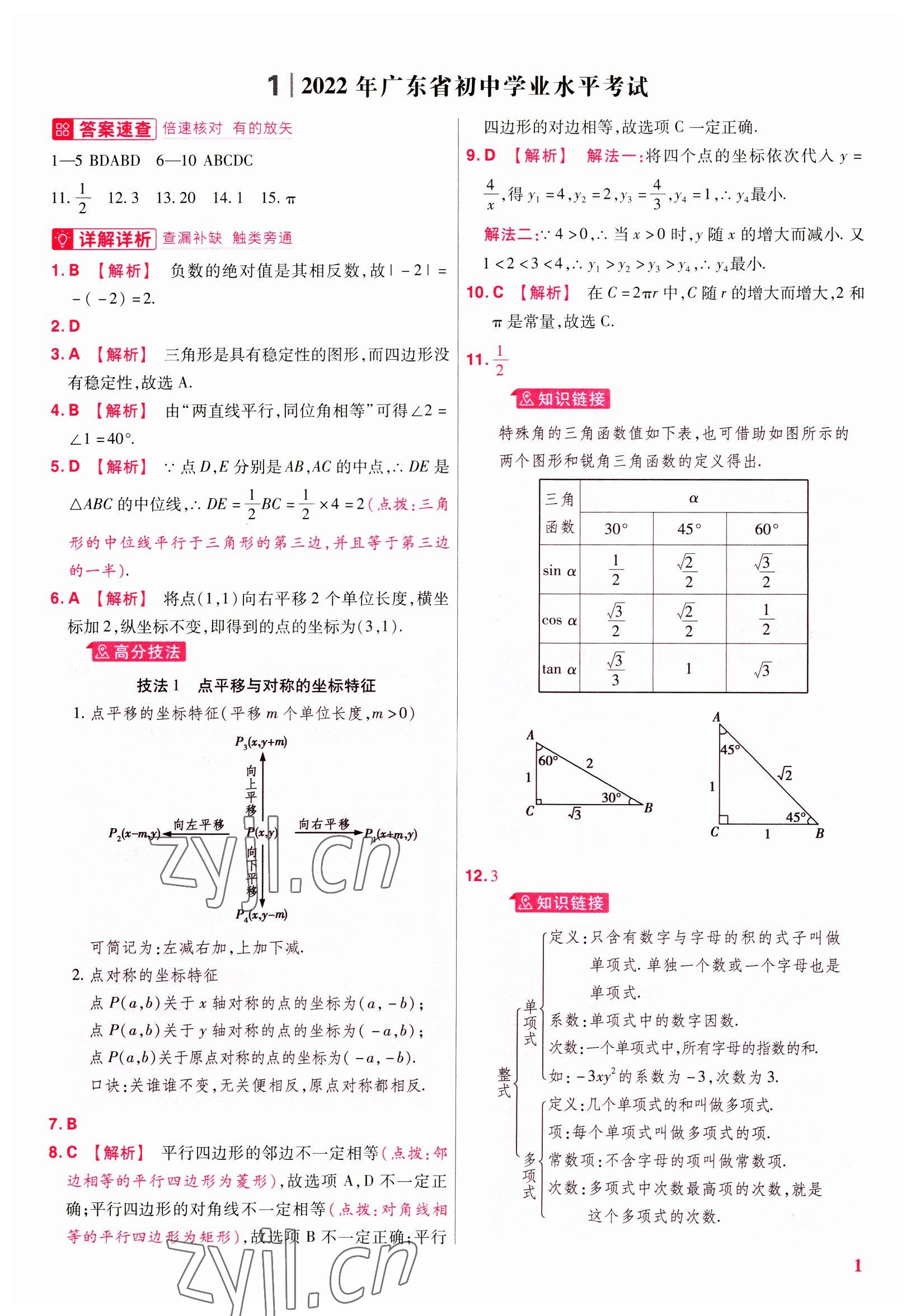 2023年金考卷45套汇编数学广东专版 参考答案第1页