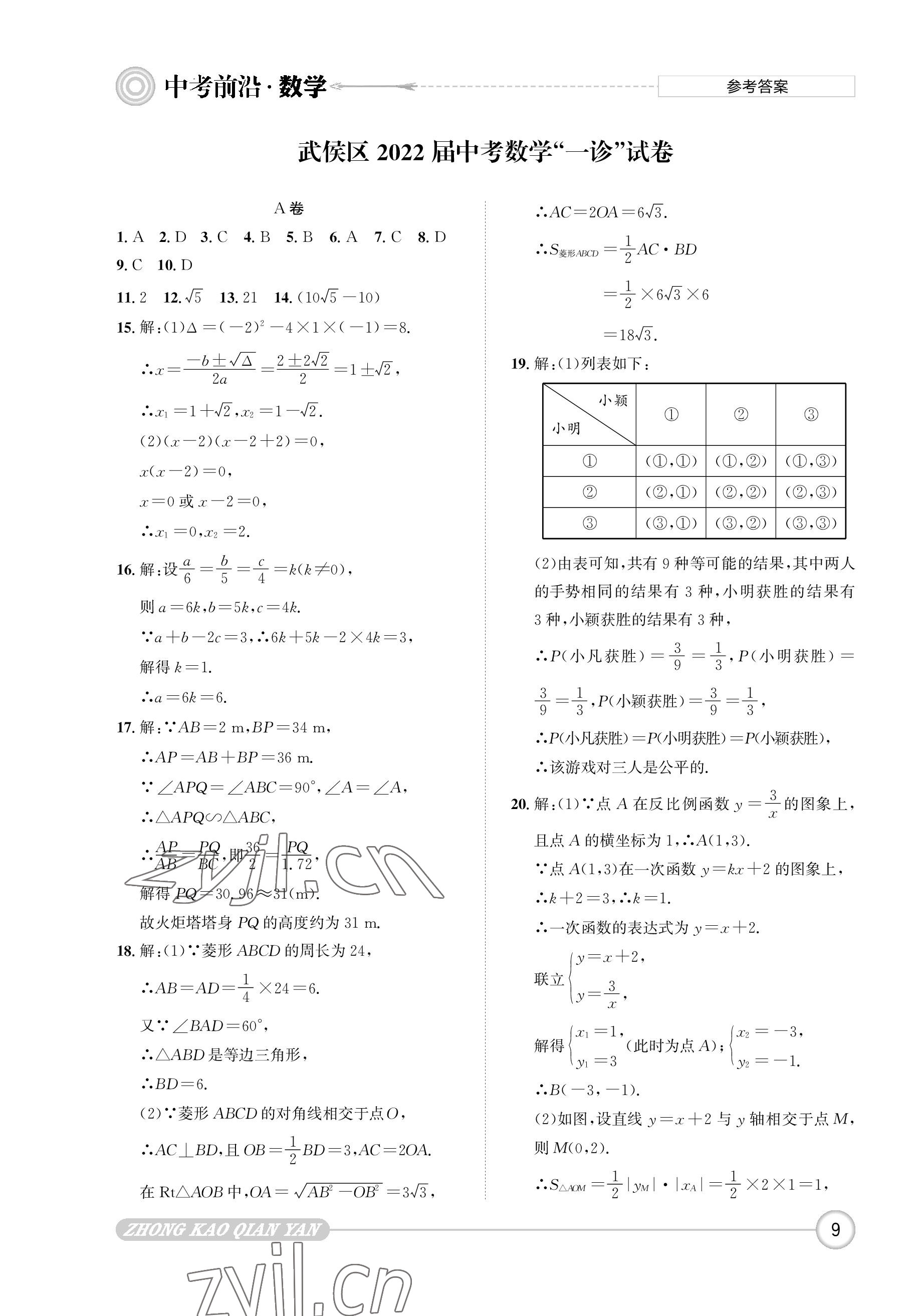 2023年中考前沿?cái)?shù)學(xué) 參考答案第9頁(yè)