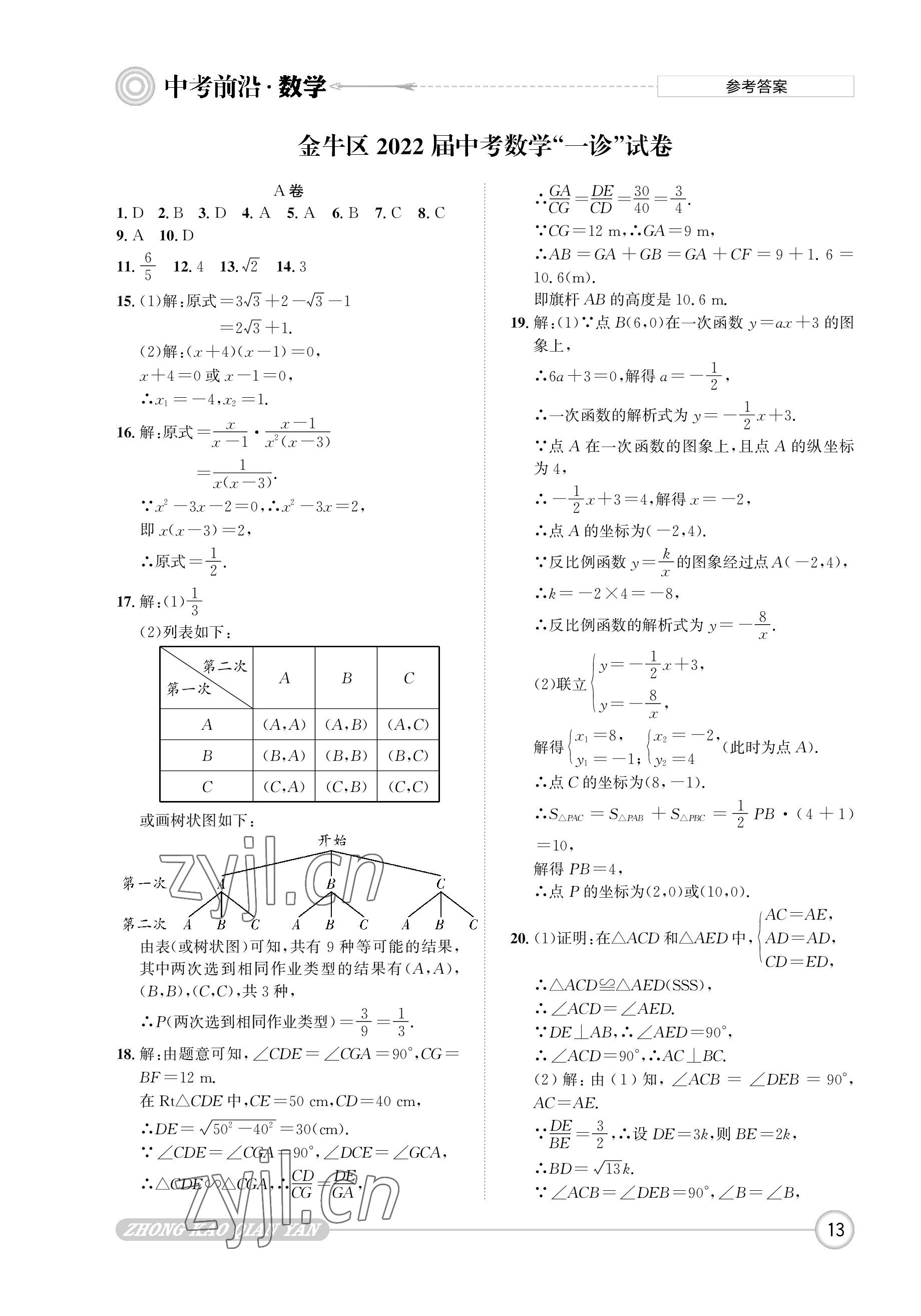 2023年中考前沿?cái)?shù)學(xué) 參考答案第13頁