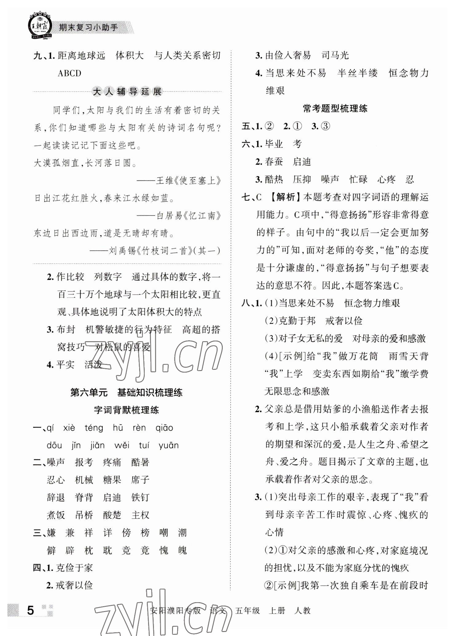 2022年王朝霞期末真题精编五年级语文上册人教版安阳濮阳专版 参考答案第5页