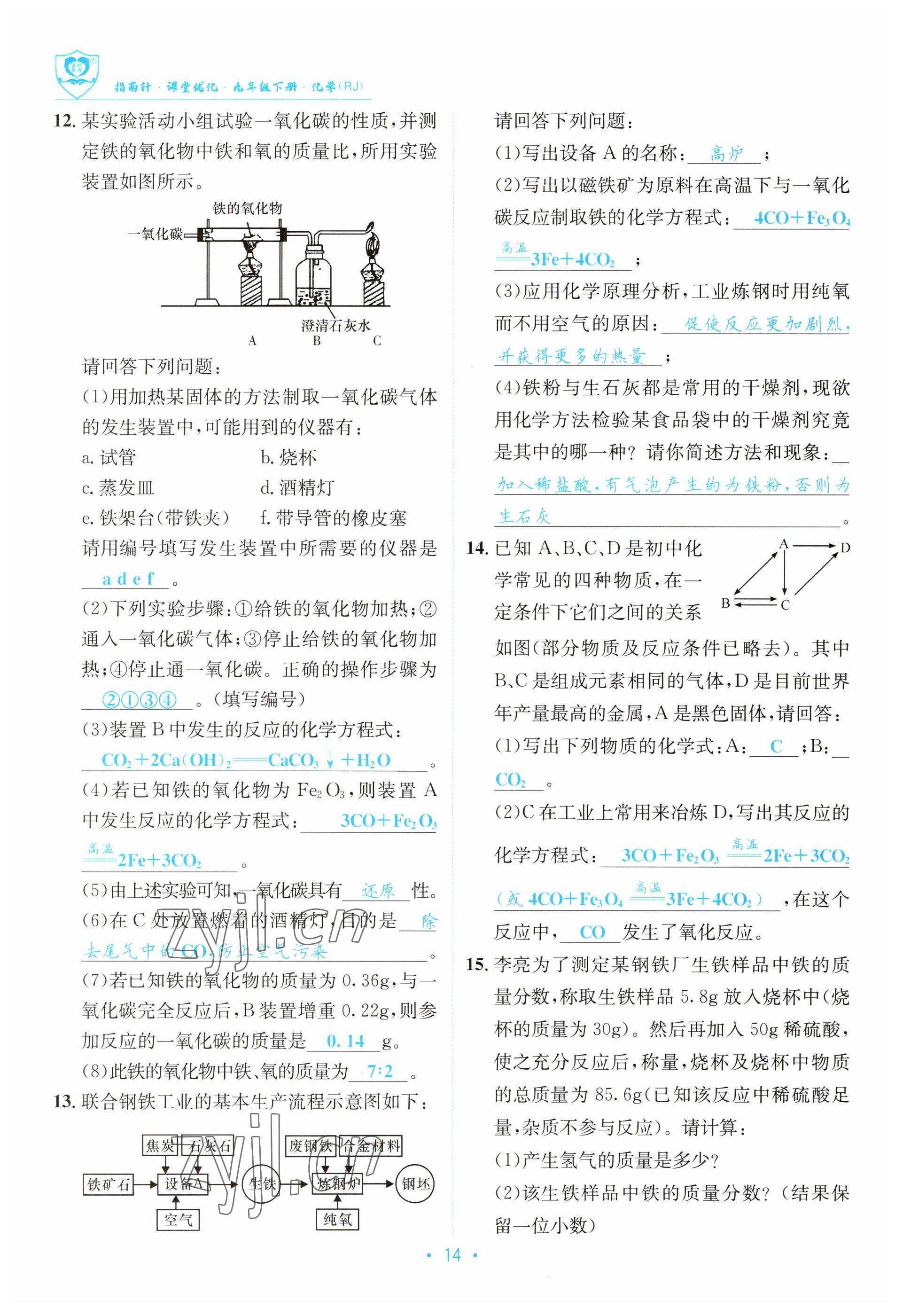 2023年指南针导学探究九年级化学下册人教版 参考答案第14页