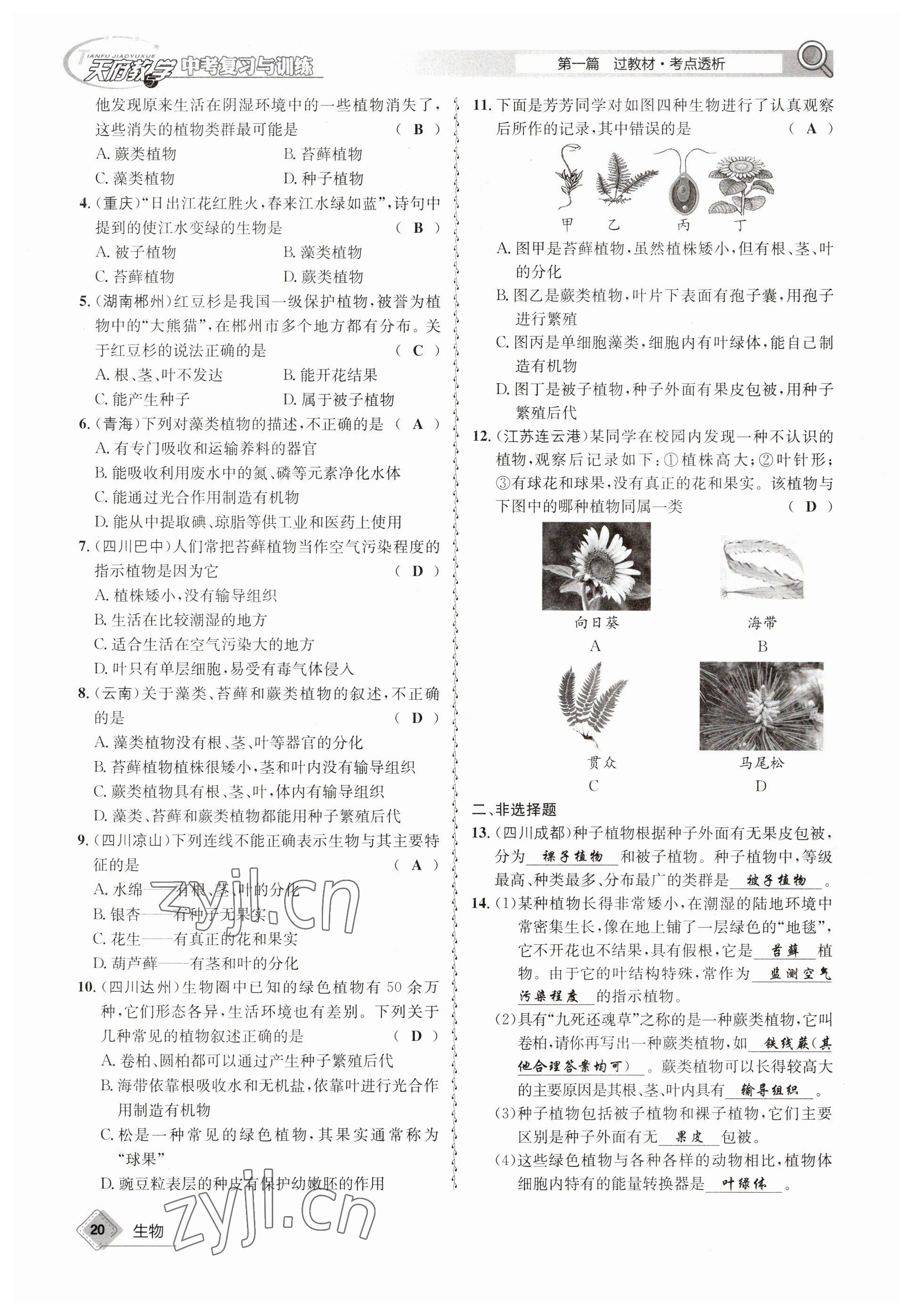 2023年天府教与学中考复习与训练生物 参考答案第20页