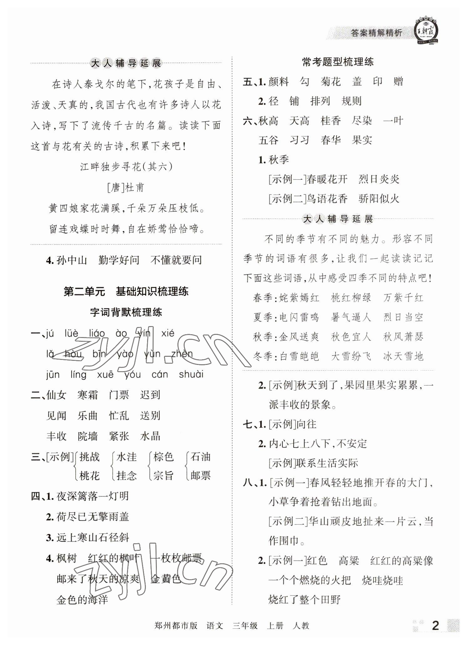 2022年王朝霞期末真题精编三年级语文上册人教版郑州专版 参考答案第2页