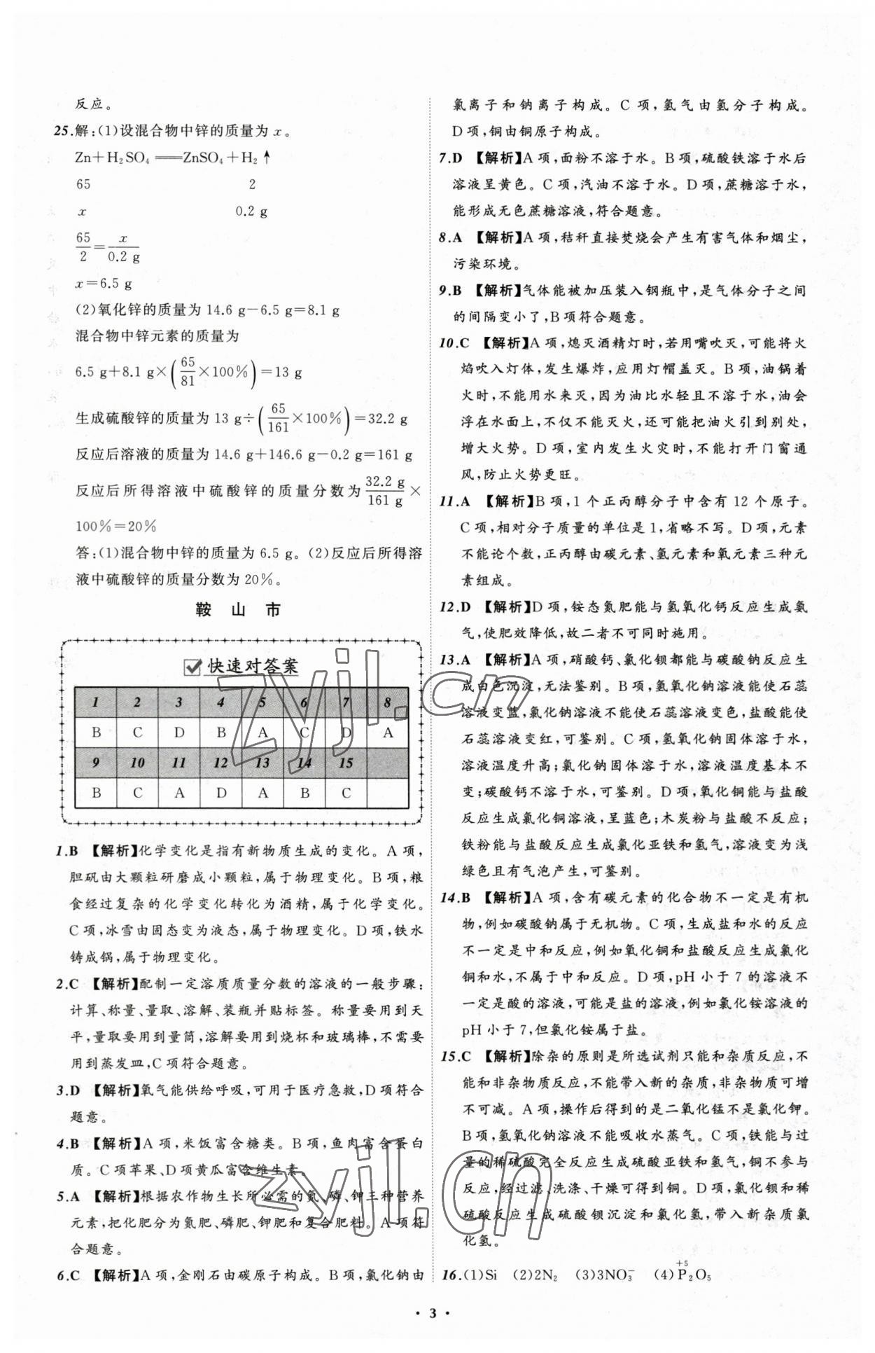 2023年中考必備化學(xué)遼寧專版 參考答案第3頁(yè)