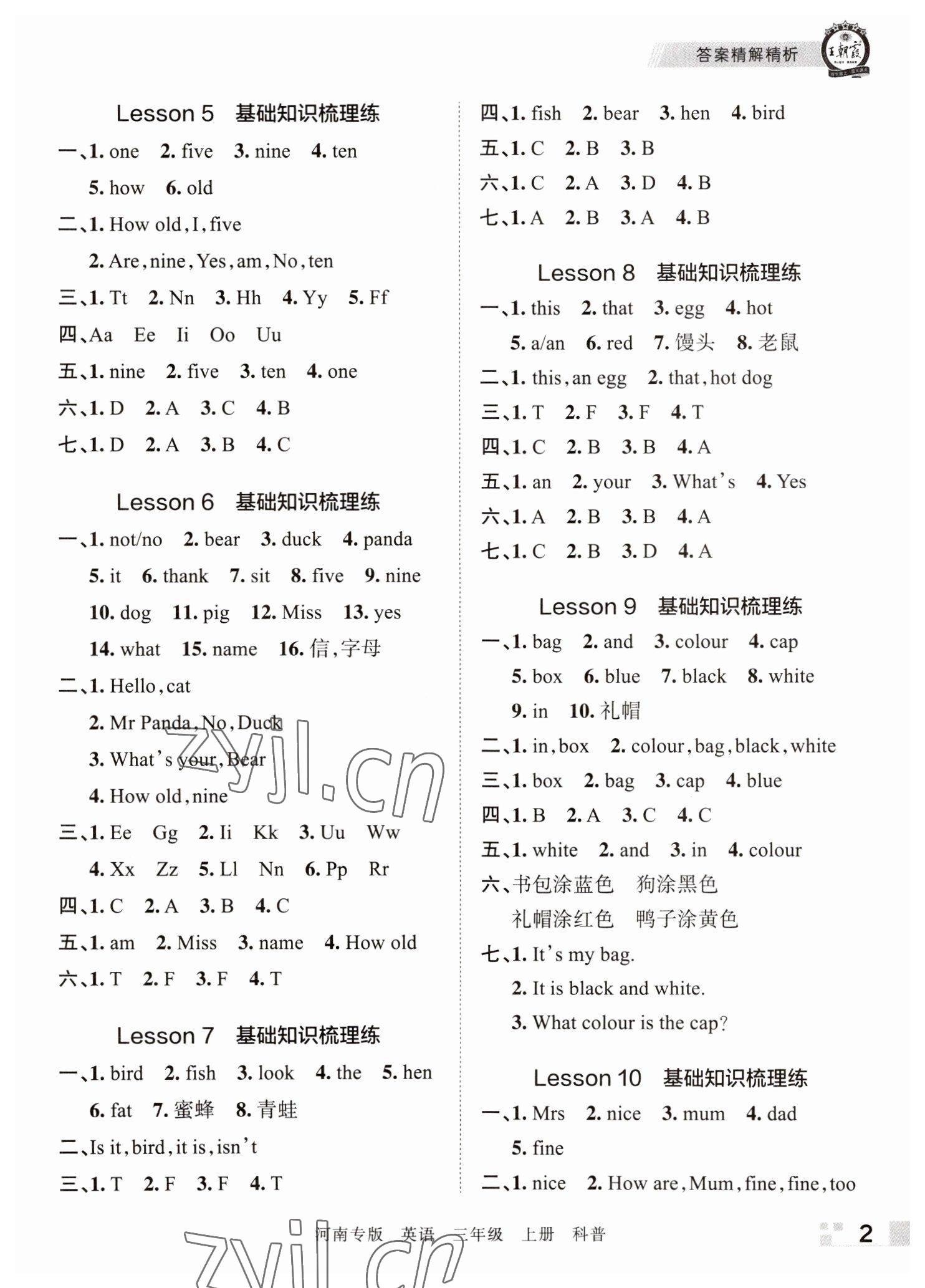 2022年王朝霞各地期末试卷精选三年级英语上册科普版河南专版 参考答案第2页