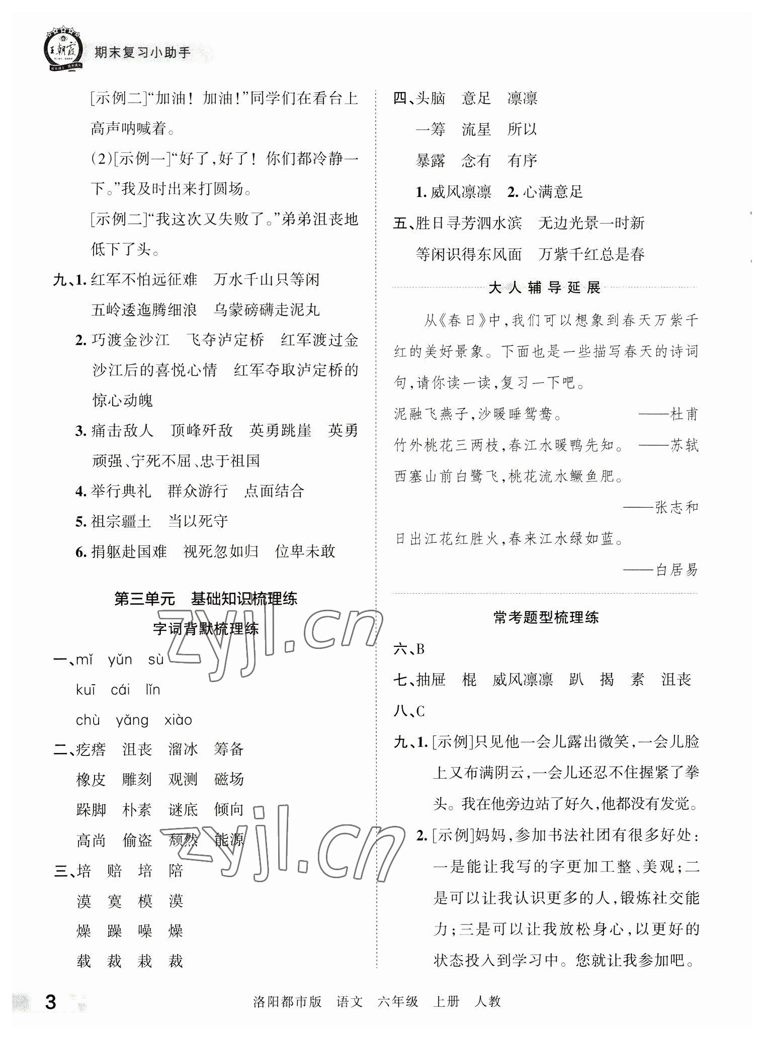 2022年王朝霞各地期末试卷精选六年级语文上册人教版洛阳专版 参考答案第3页