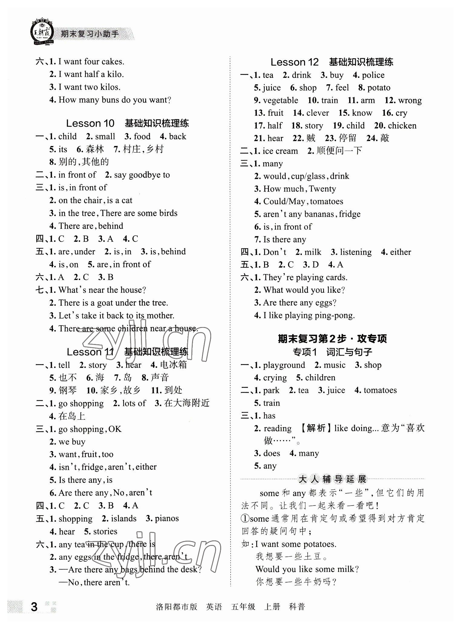 2022年王朝霞各地期末试卷精选五年级英语上册科普版洛阳专版 参考答案第3页