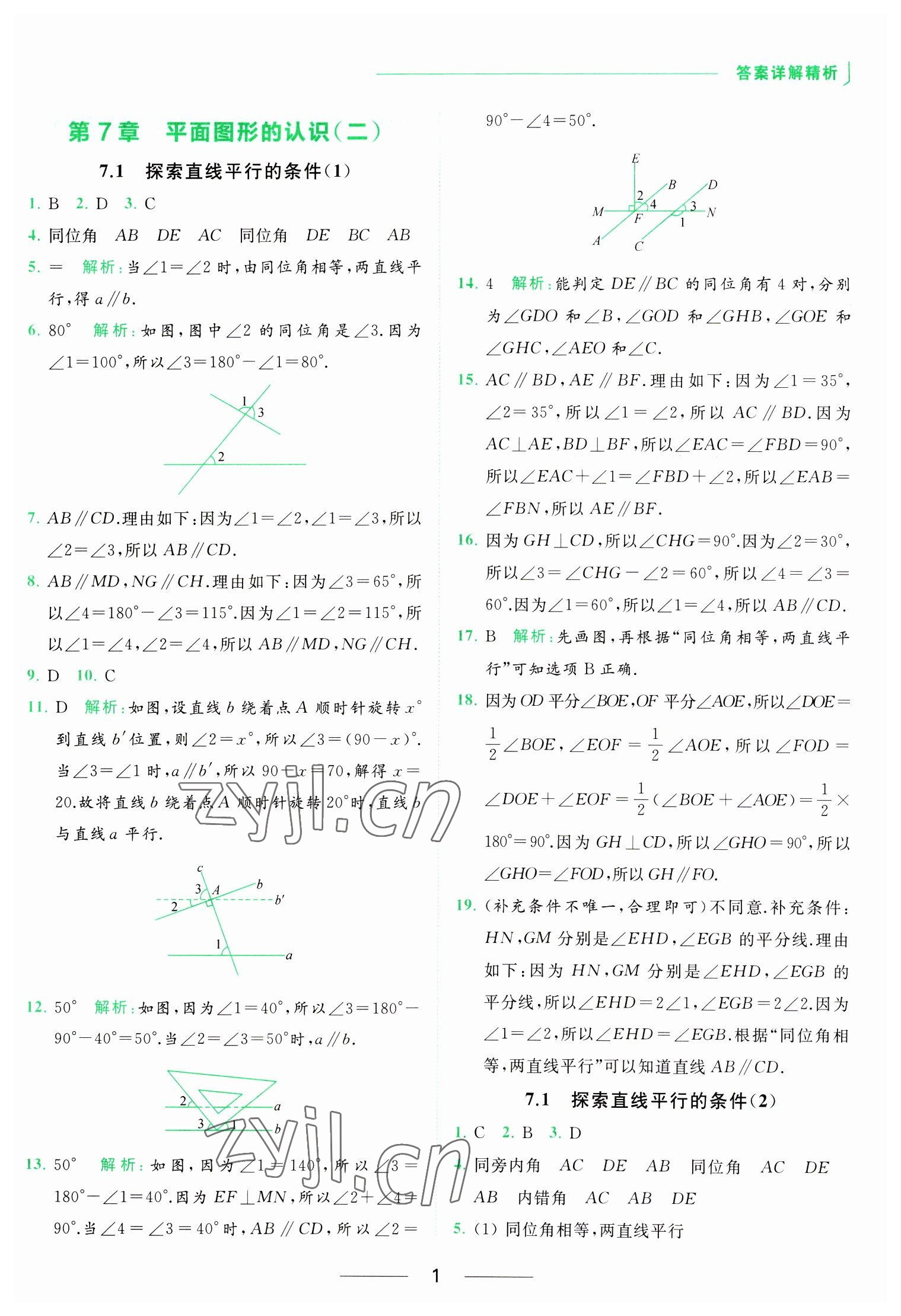 2023年亮點給力提優(yōu)課時作業(yè)本七年級數(shù)學下冊蘇科版 參考答案第1頁