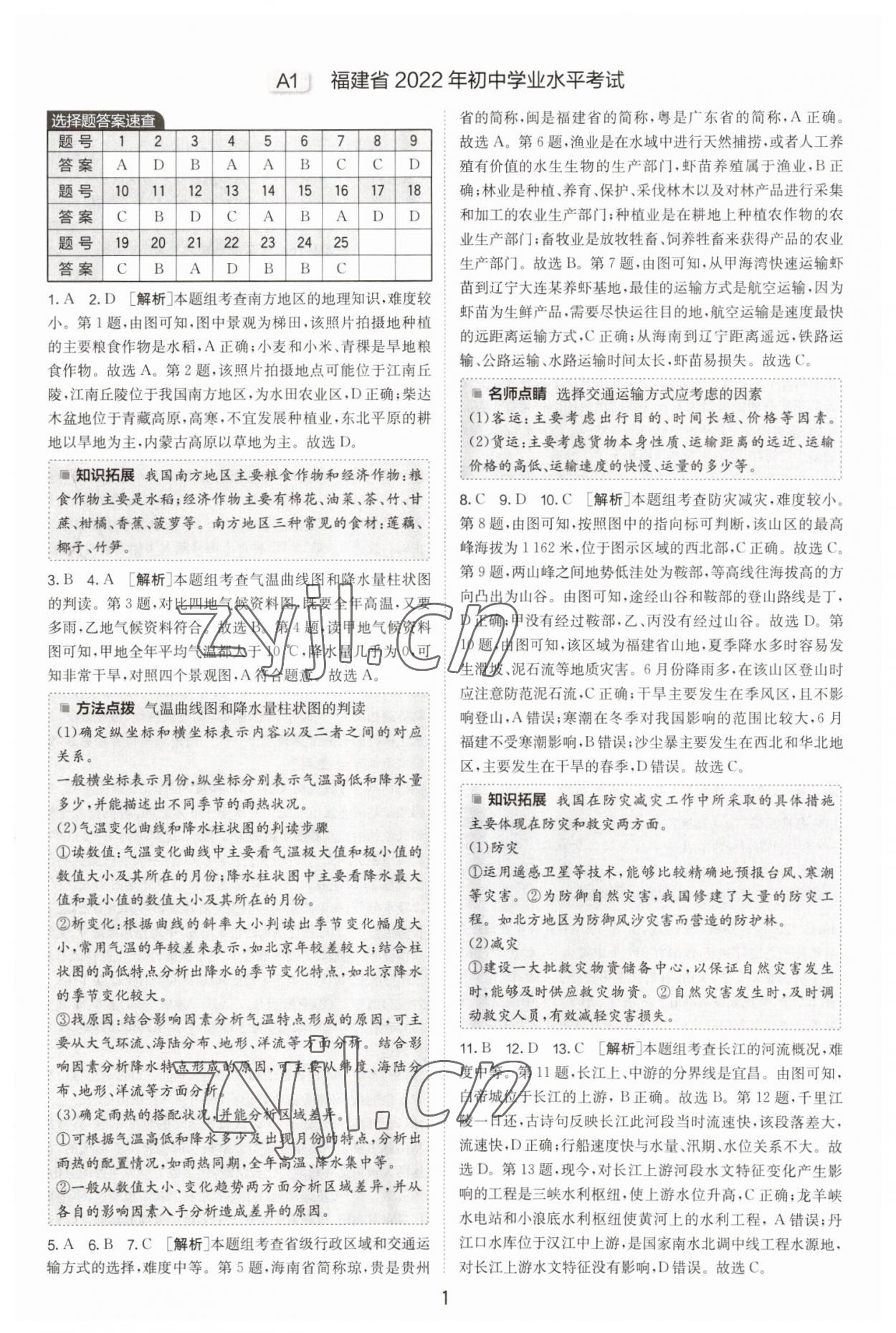 2023年春雨教育考必胜福建省中考试卷精选地理 参考答案第1页