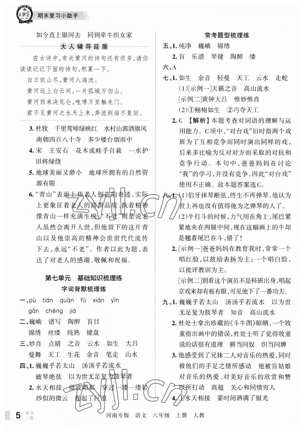 2022年王朝霞各地期末試卷精選六年級語文上冊人教版河南專版 參考答案第5頁