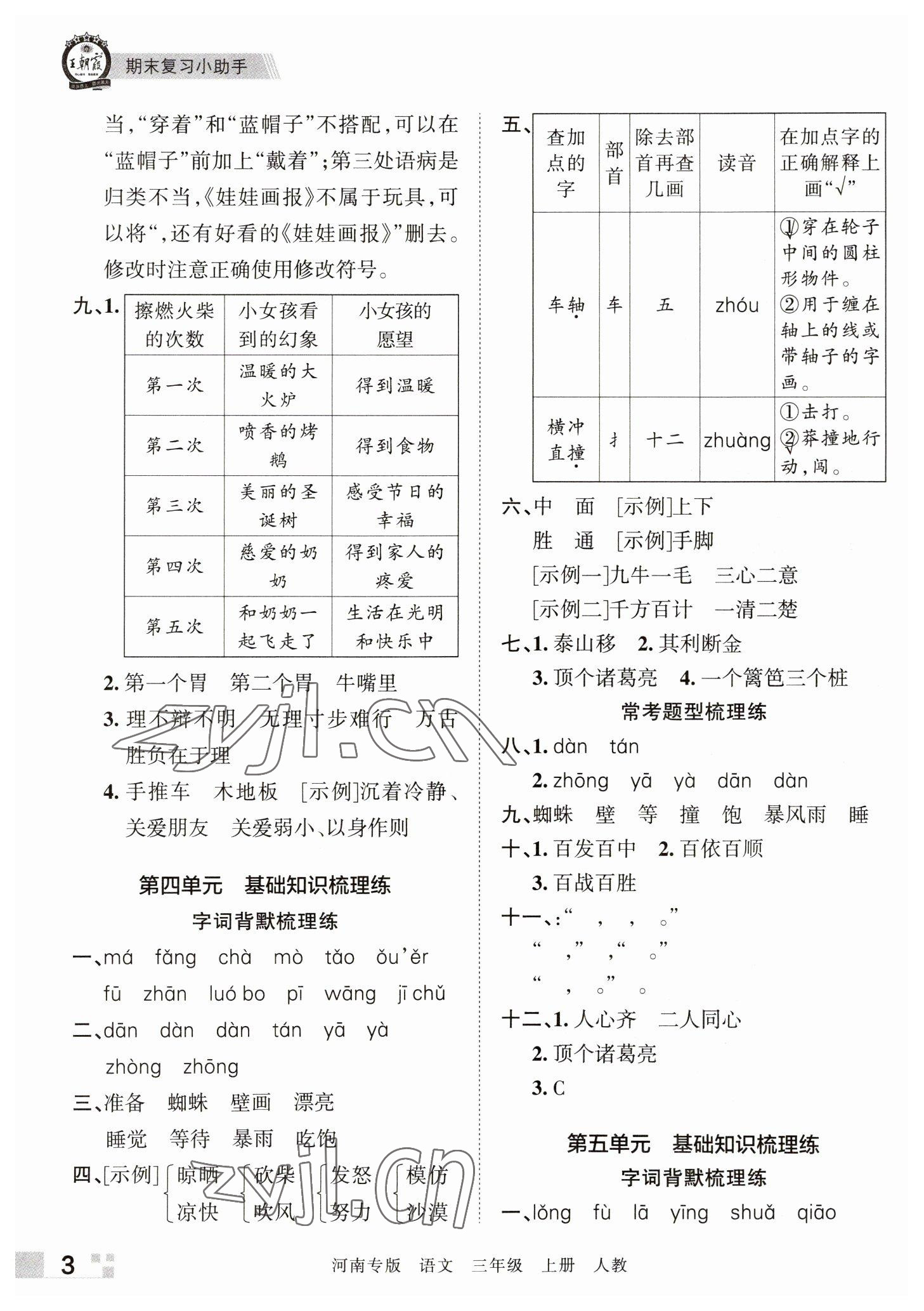 2022年王朝霞各地期末試卷精選三年級(jí)語(yǔ)文上冊(cè)人教版河南專版 參考答案第3頁(yè)