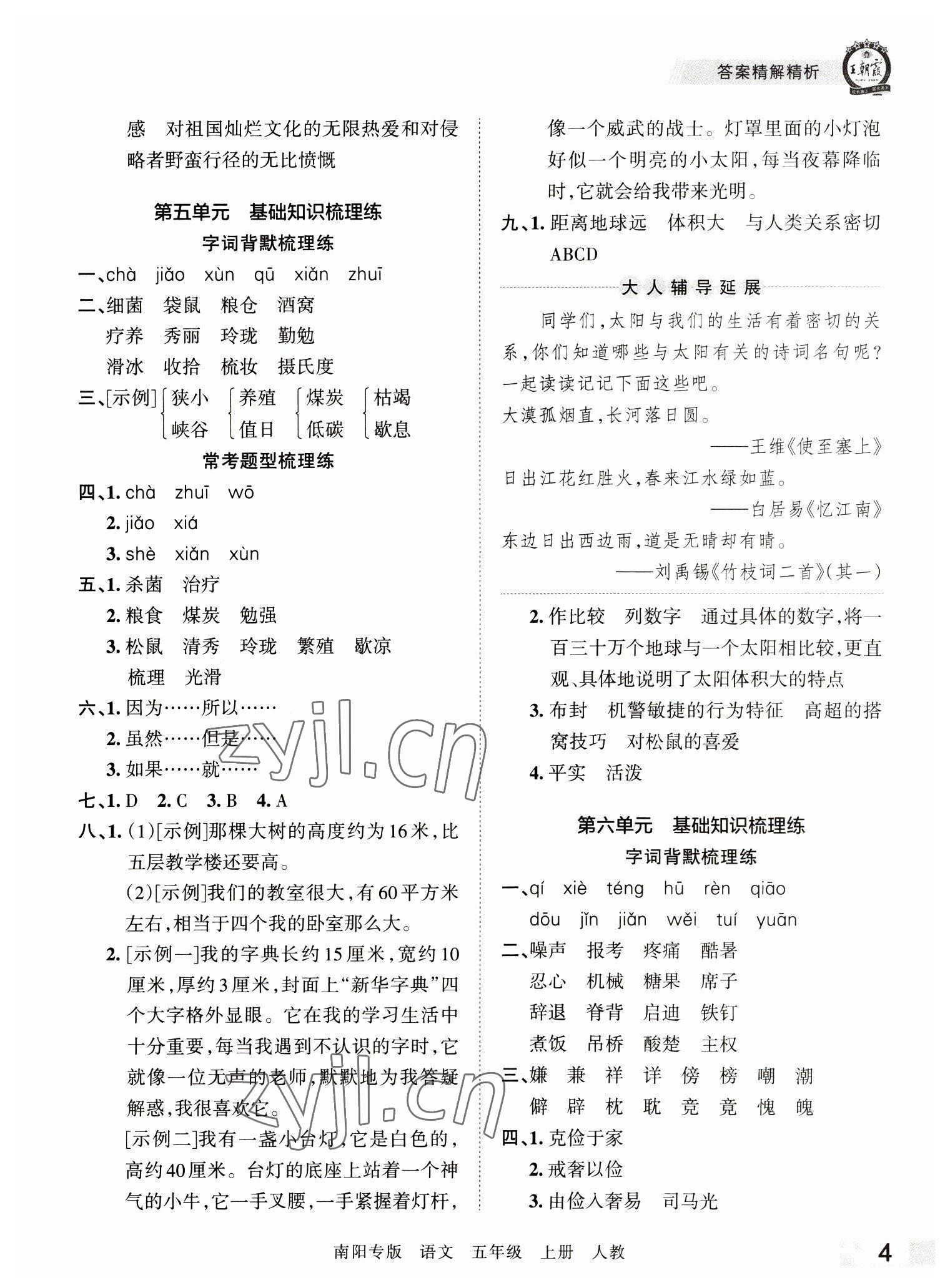 2022年王朝霞期末真题精编五年级语文上册人教版南阳专版 参考答案第4页