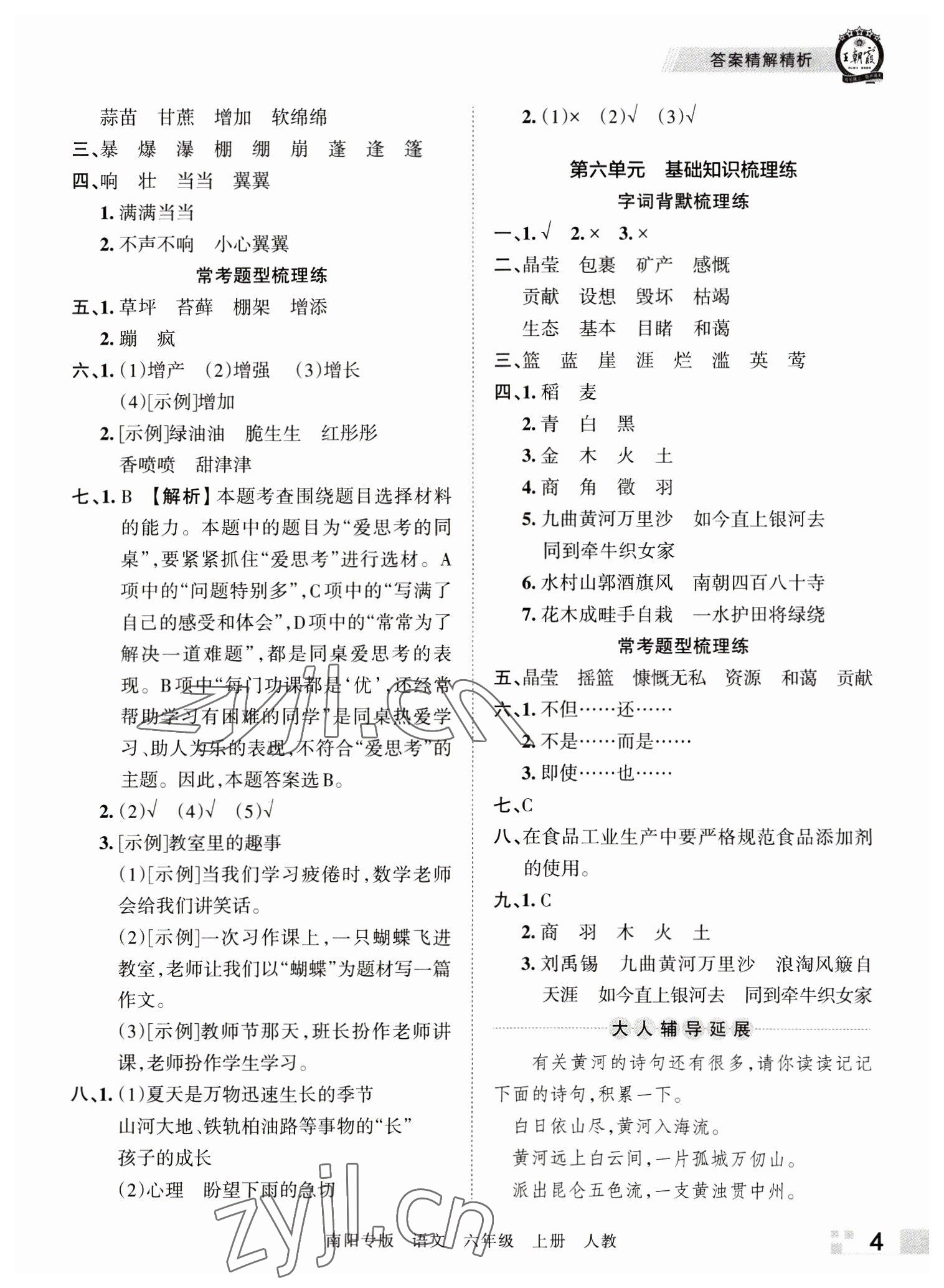 2022年王朝霞期末真題精編六年級(jí)語文上冊(cè)人教版南陽專版 參考答案第4頁